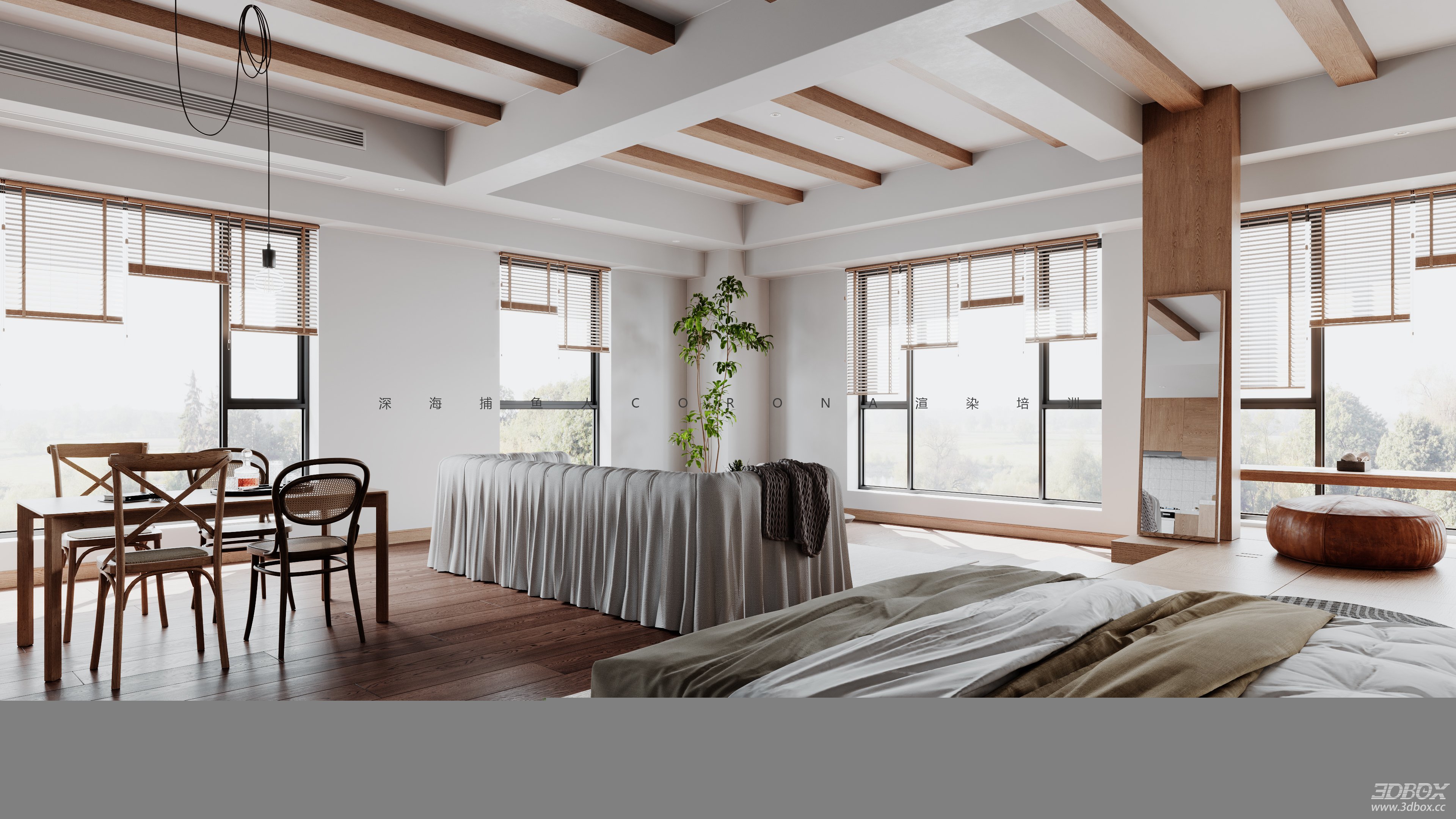 Modern Bedroom with Kitchen and Dining Area 3D Model