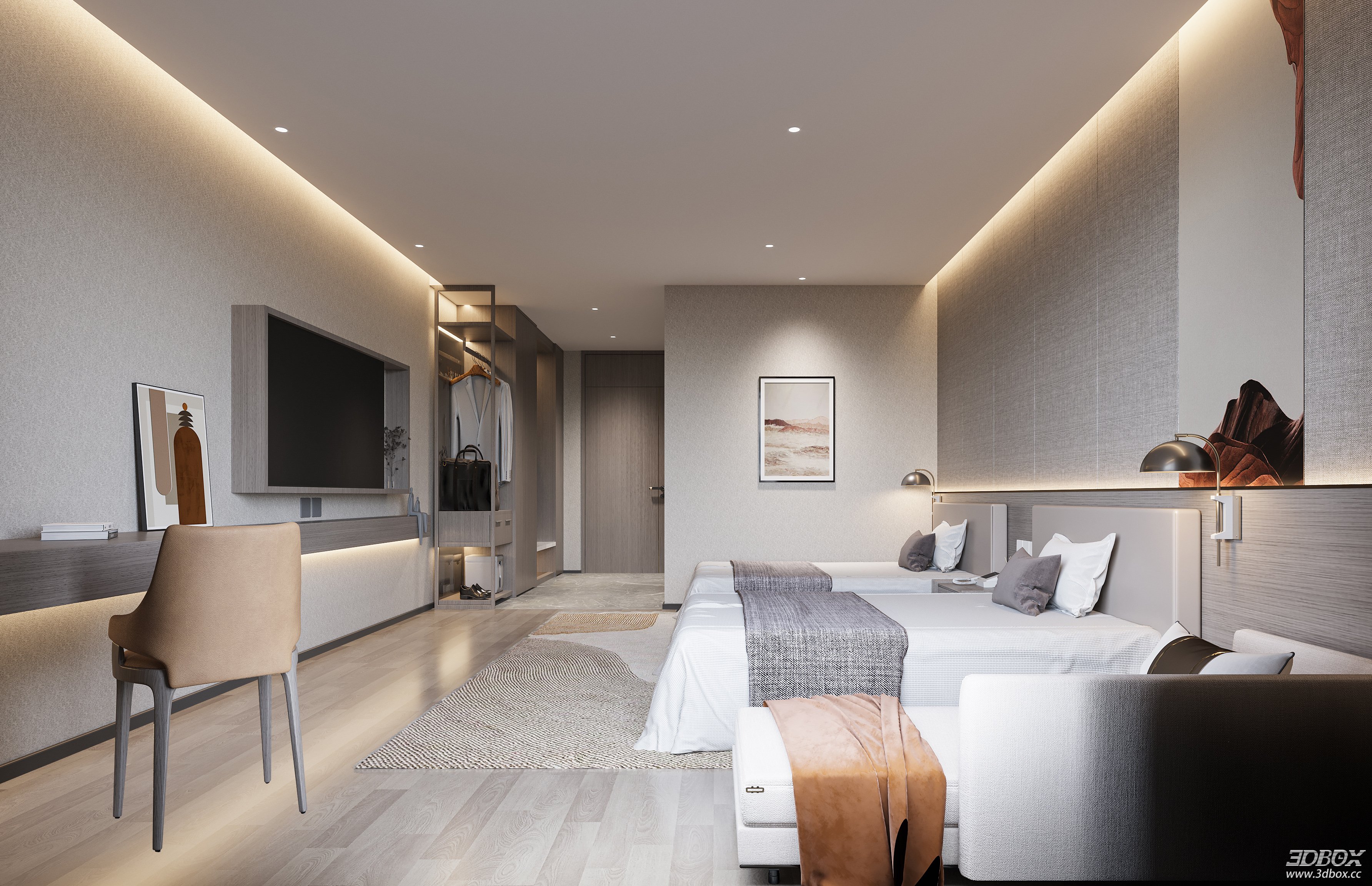 Modern Bedroom and Bathroom 3D Model