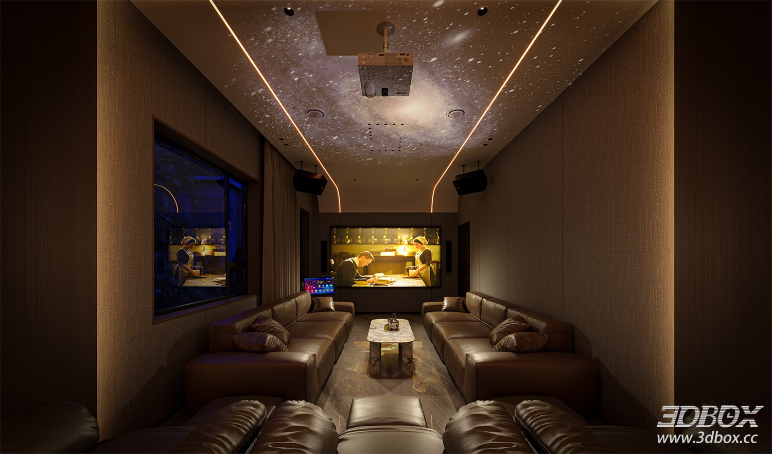 Home Theater 3D Model with Sofas and Coffee Table