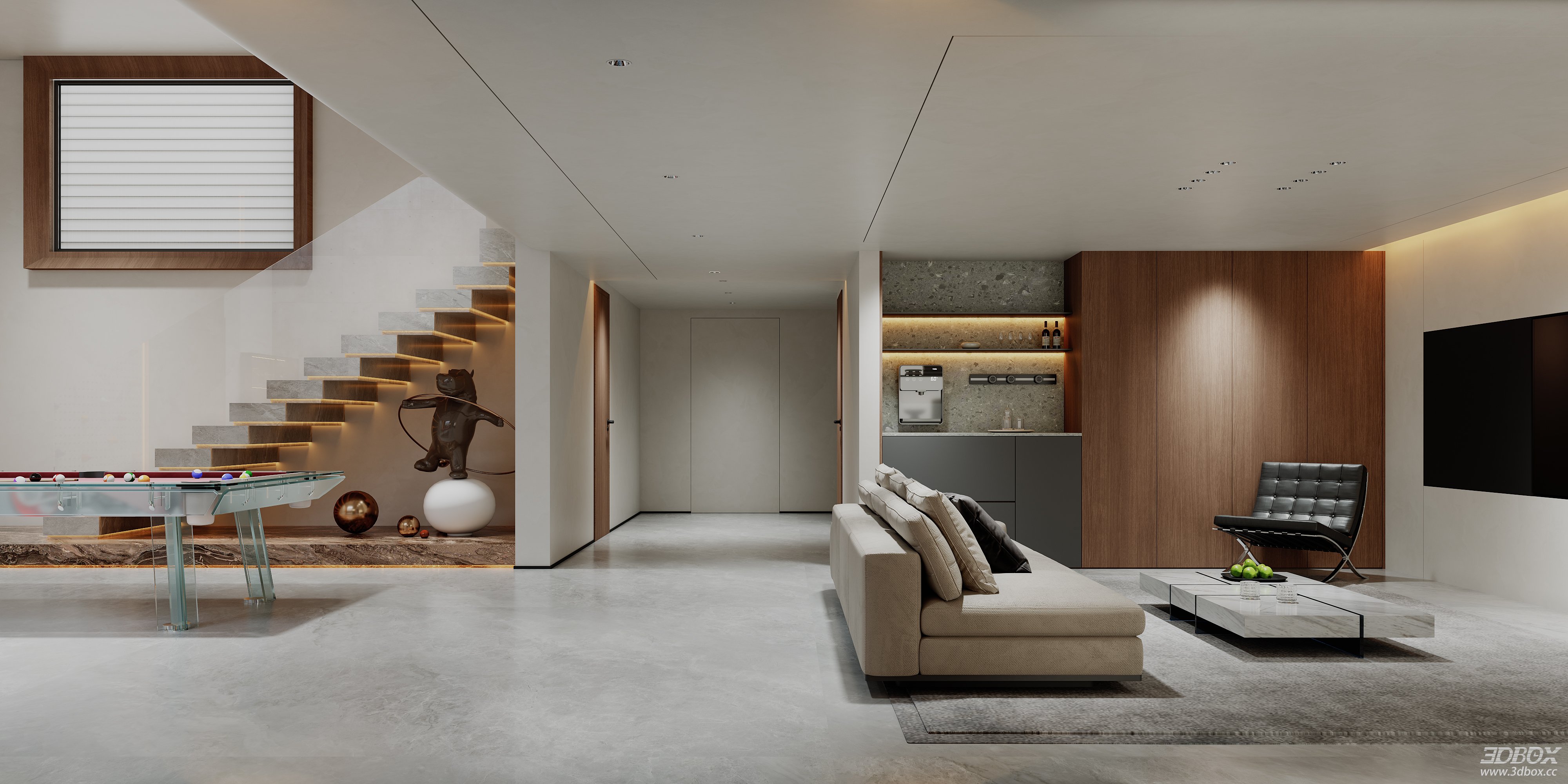 Modern Living Room with Billiard Table