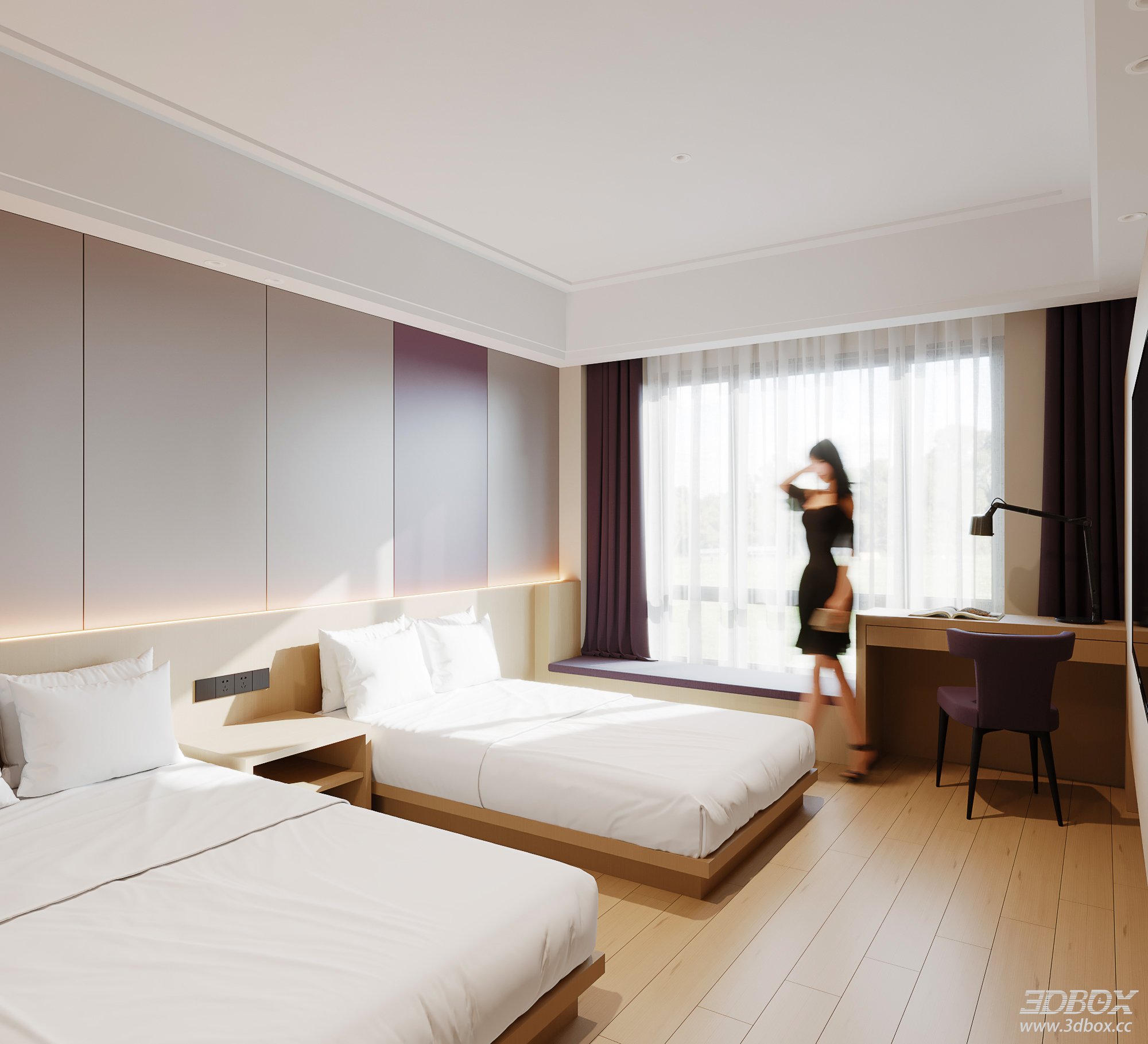 Modern Double - bed Bedroom 3D Model