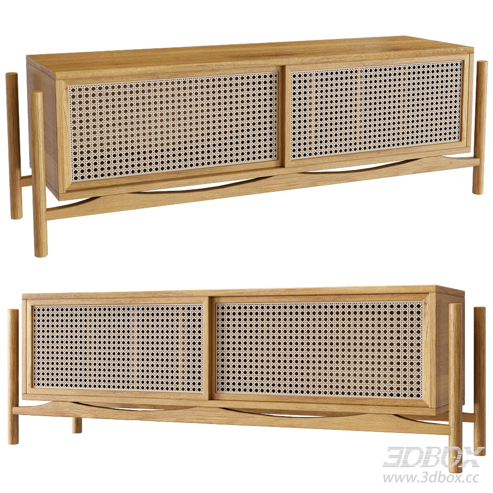Wooden TV Wall Cabinet with Rattan Design