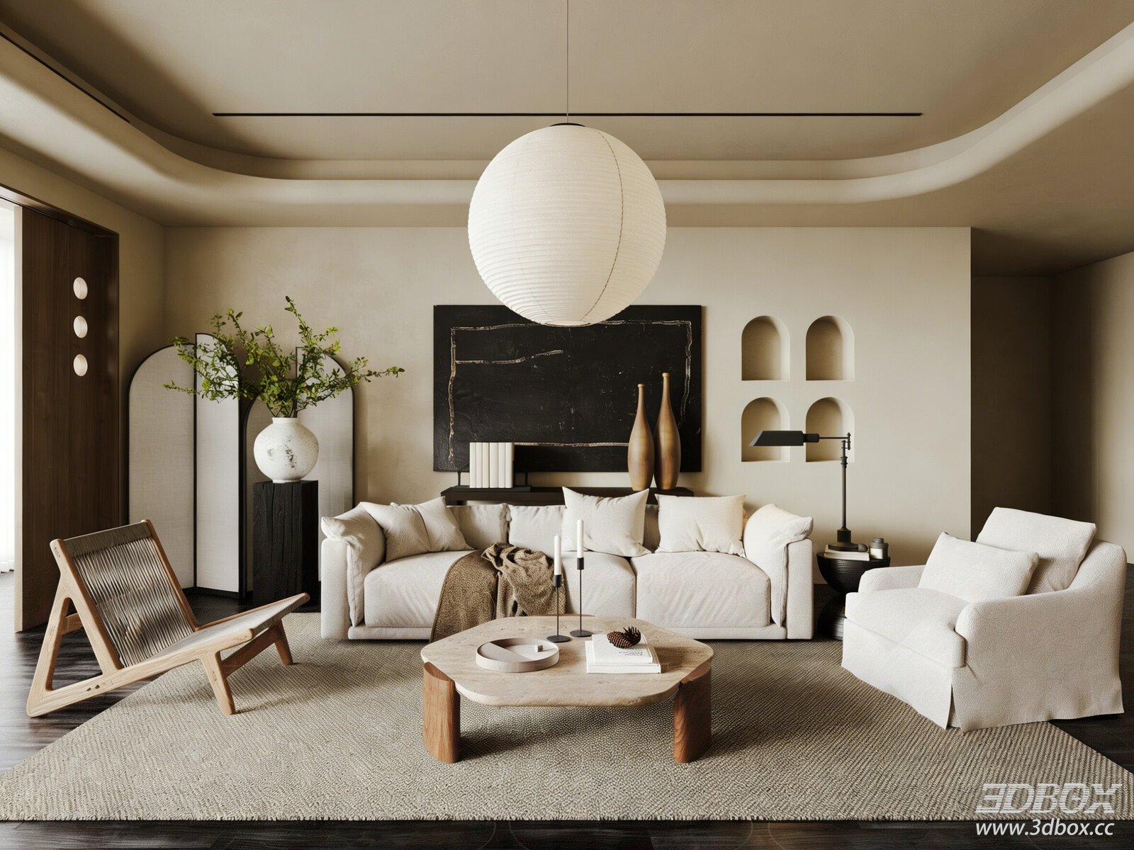 Wabi Sabi Vintage Living Room with Sofa Coffee Table Decor Pendant Light Rattan Chair Marble Table Fabric Sofa 3D Model
