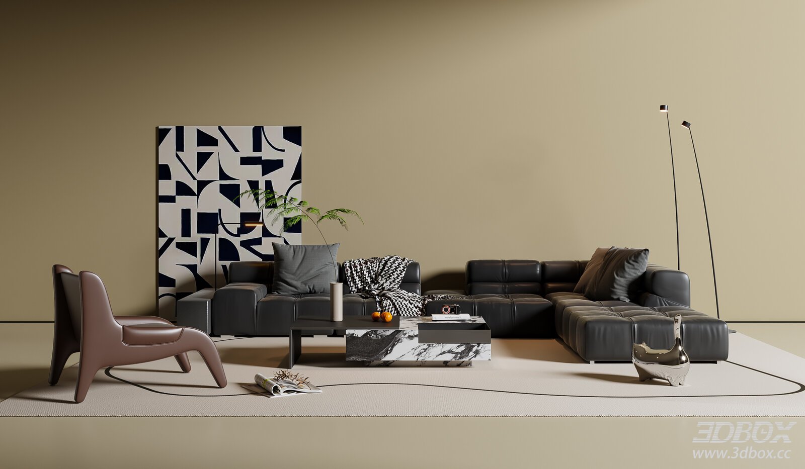 Italian Style Sofa Tea Table Set Corner Sofa Leather Sofa Lounge Chair Decorative Painting 3D Model