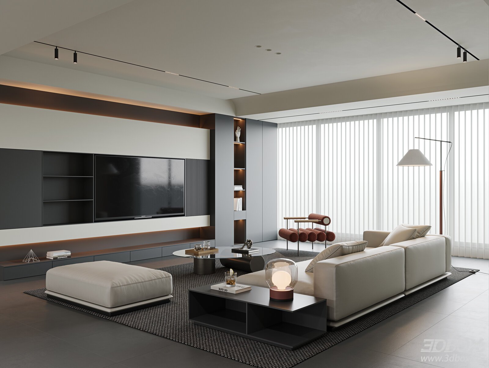 Modern Minimalist Living Room Sofa Tea Table Set TV Background Wall 3D Model