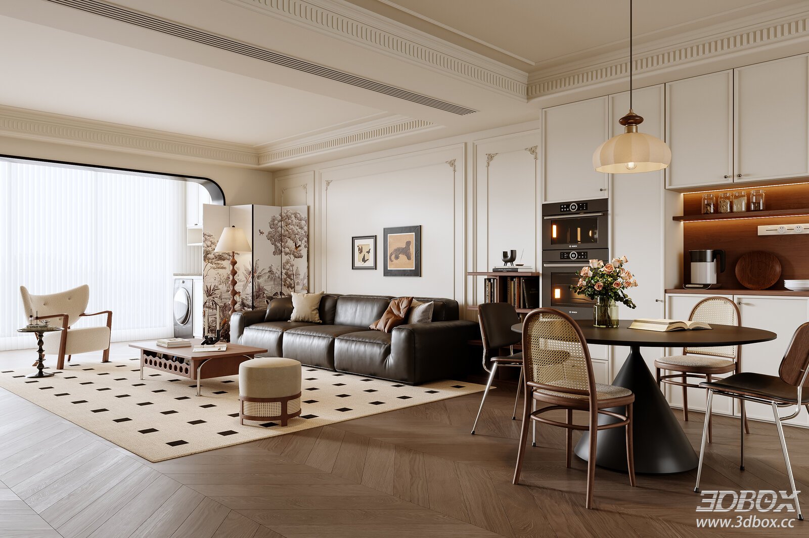 French Retro Living Dining Room 3D Model