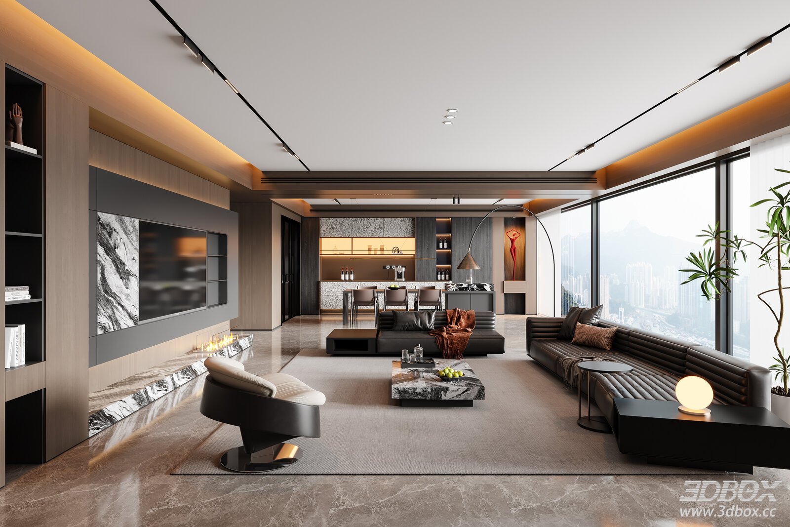 Modern Italian Dining Room Sofa Coffee Table Dining Table Chandelier TVBackground Wall Wine Cabinet