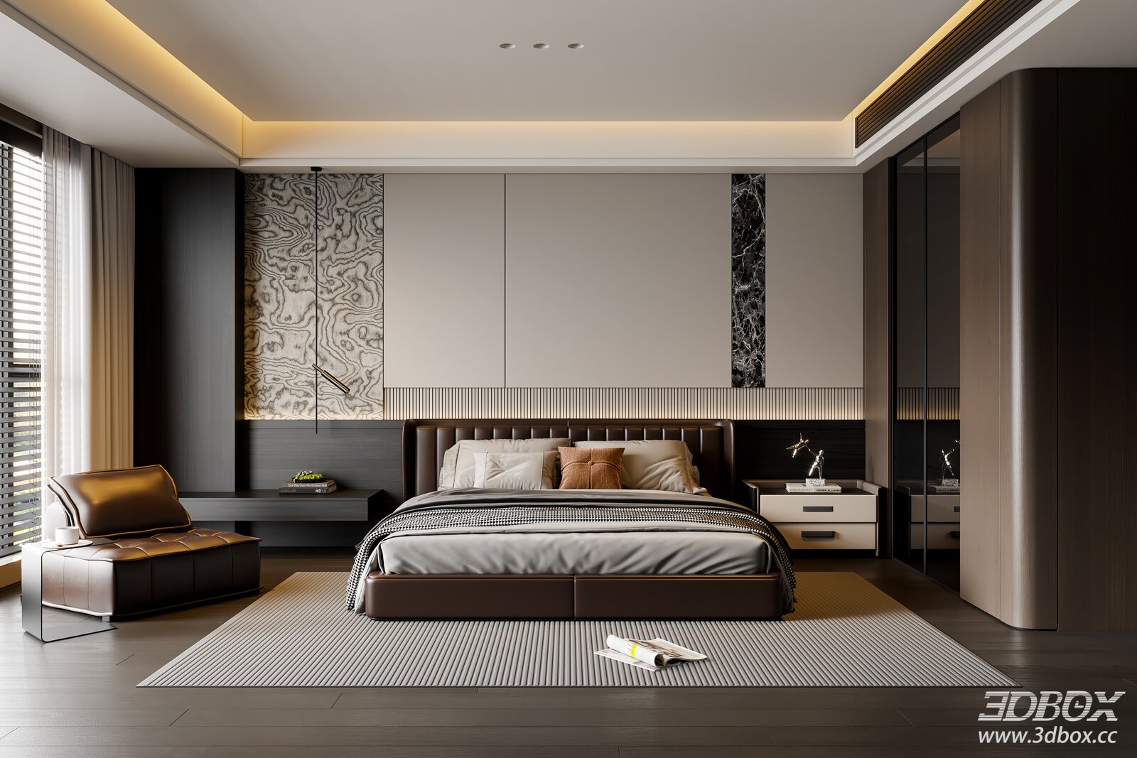 Modern Italian Bedroom Double Bed Chandelier Lounge Chair