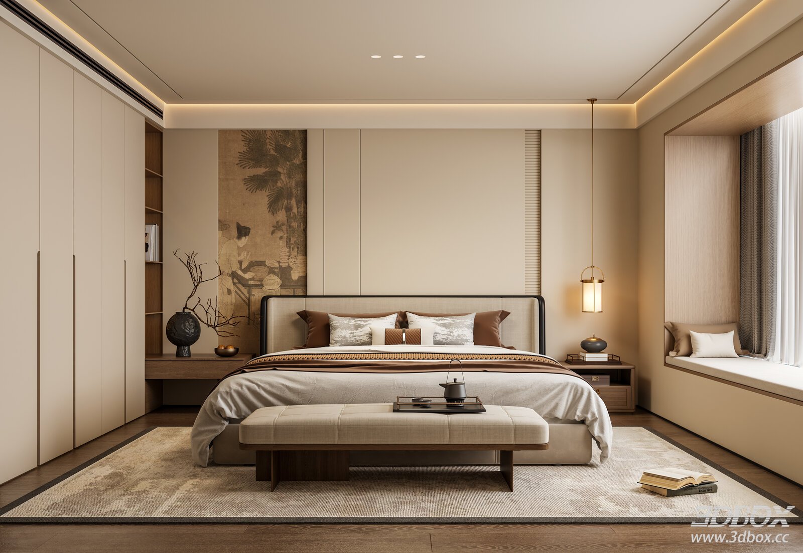 New Chinese Bedroom Bedroom Double Bed Background Wall Wardrobe Bedroom[I