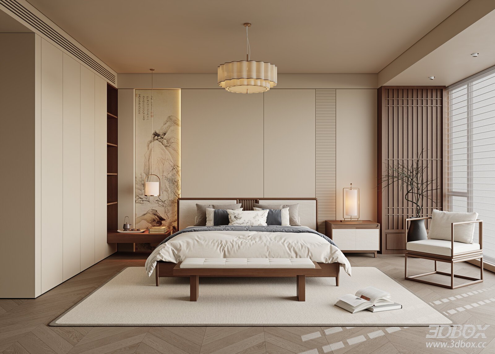 Song Style Bedroom Bedroom Bedroom Bedroom Double Bed Background Wall Chandelier Lounge Chair d
