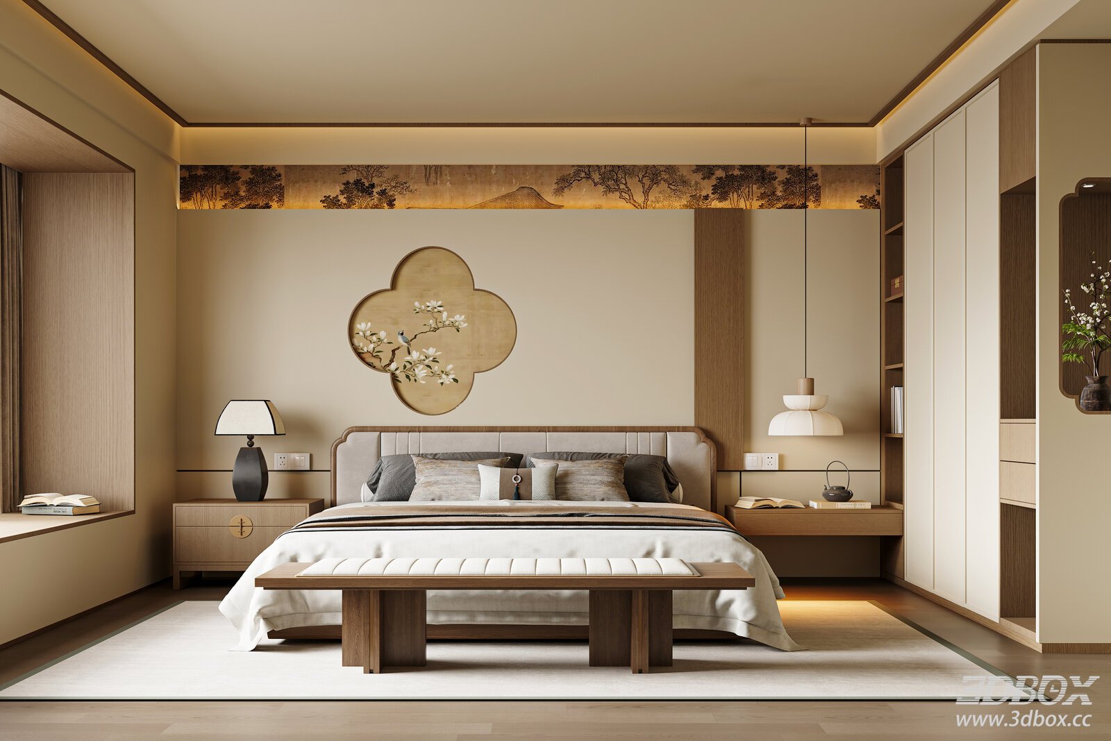 New Chinese Bedroom Bedroom Wardrobe Background Wall Double Bed