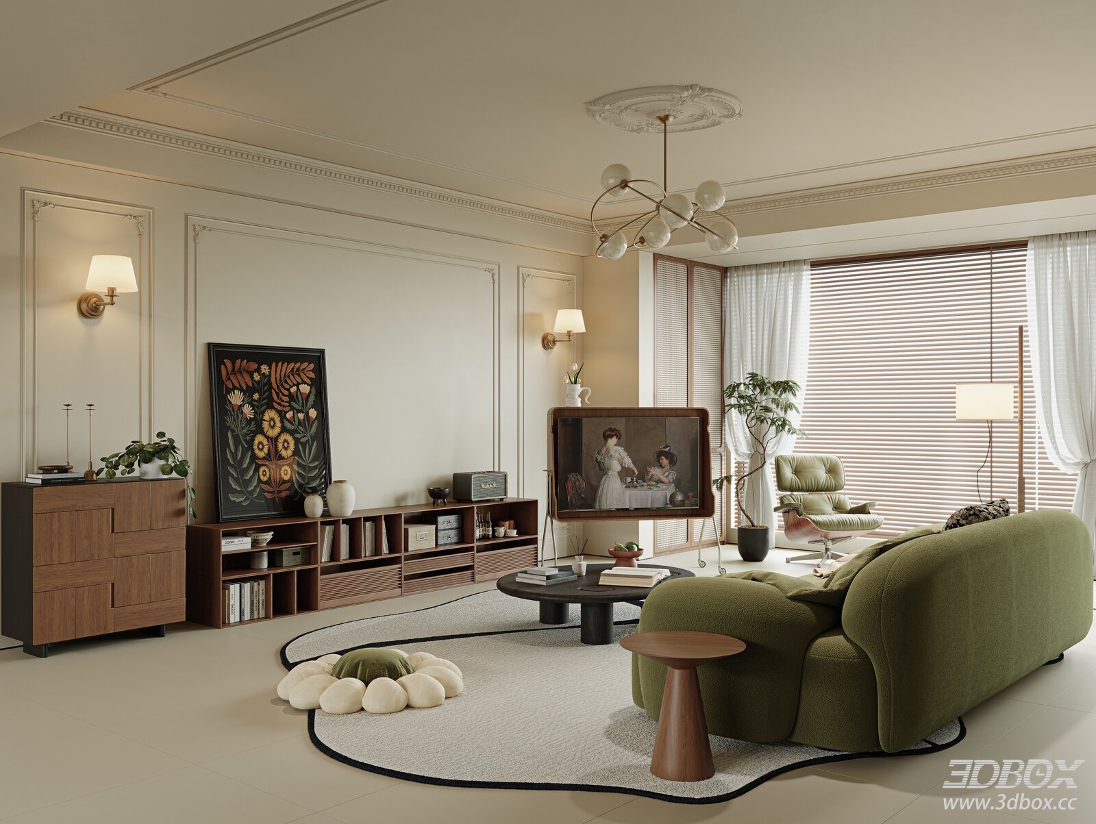 French Vintage Living Room Open Plan Living Room Sofa Coffee Table Entryway TV Lounge Chair Chandelier Curtain