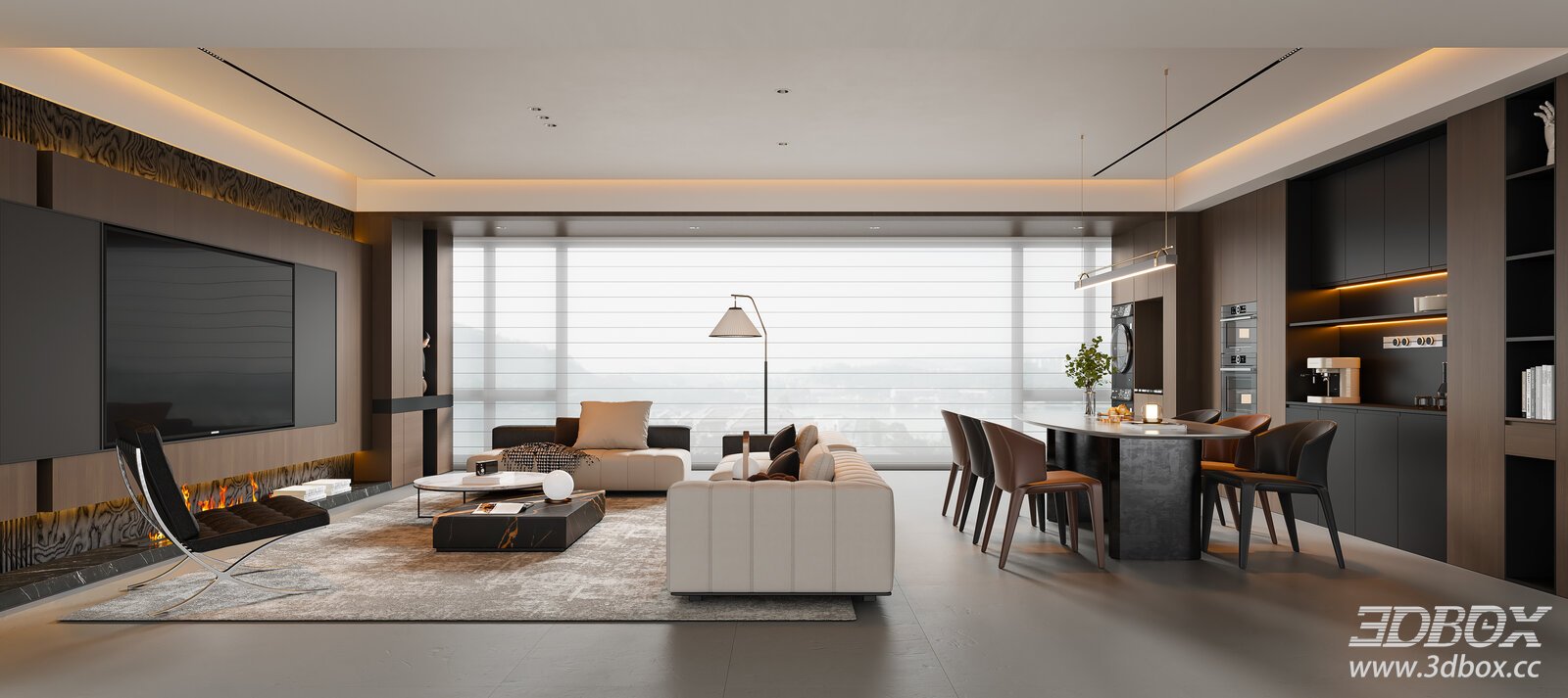Modern Italian Dining Room Open Plan Sofa Coffee Table Dining Table TVBackground Wall Sideboard