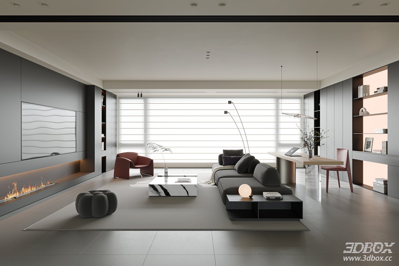 Italian Minimalist Living Room Open Plan Living Room Open Living Sofa Coffee Table Sofa TVBackground Wall Study Study Bookcase