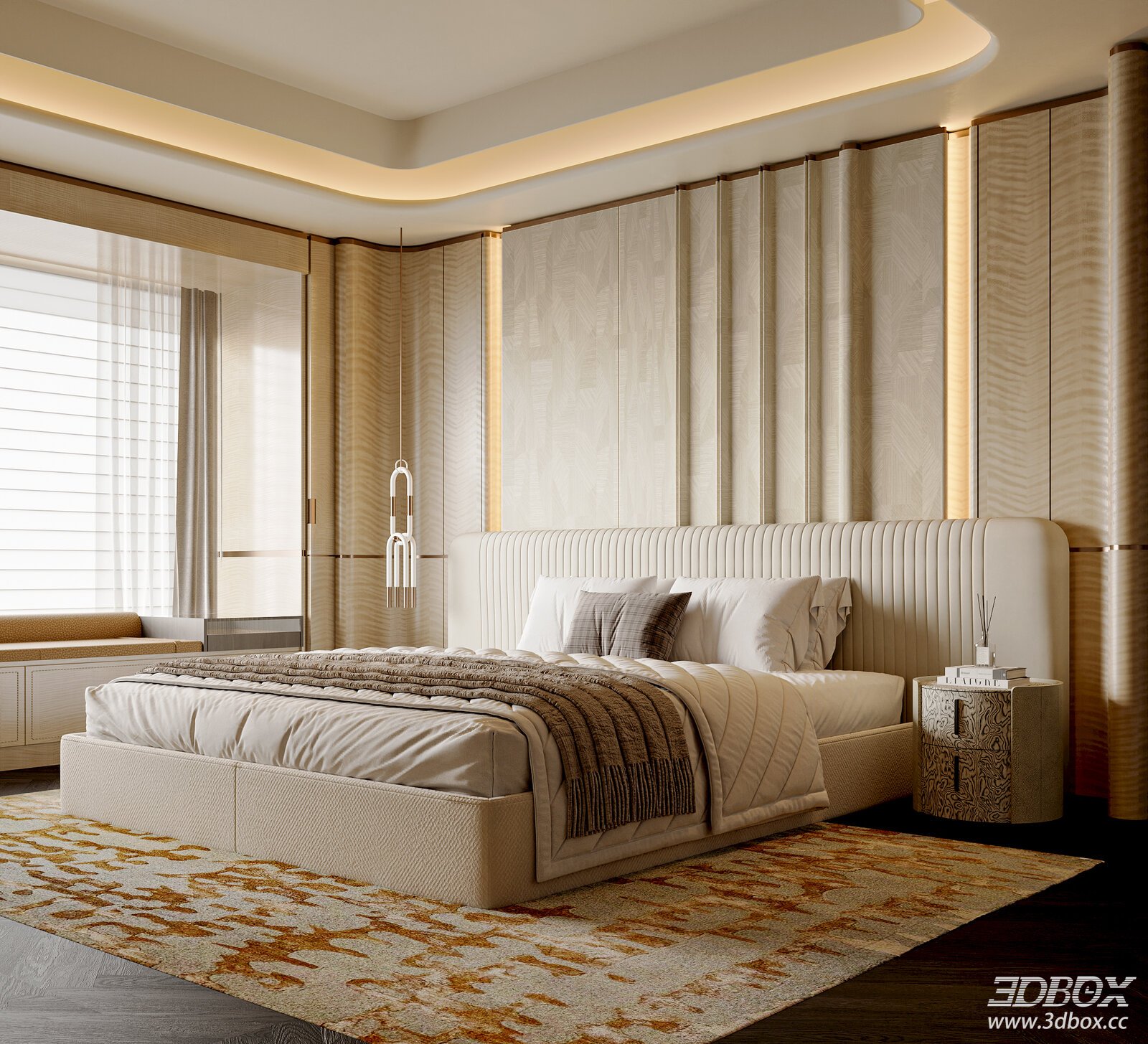 Modern Light Luxury Bedroom Double Bed Light Luxury Background Wall Bedroom[ID_