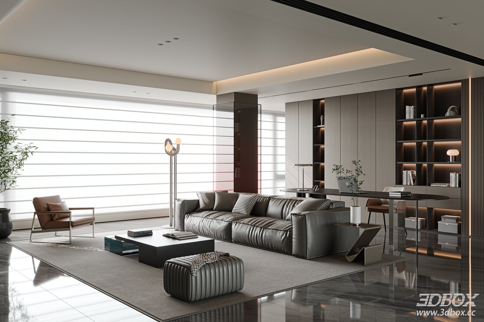 Italian Modern Living Room Open Plan Living Room Open Living Living Room Study Sofa Coffee Table Lounge Chair Study Bookcase