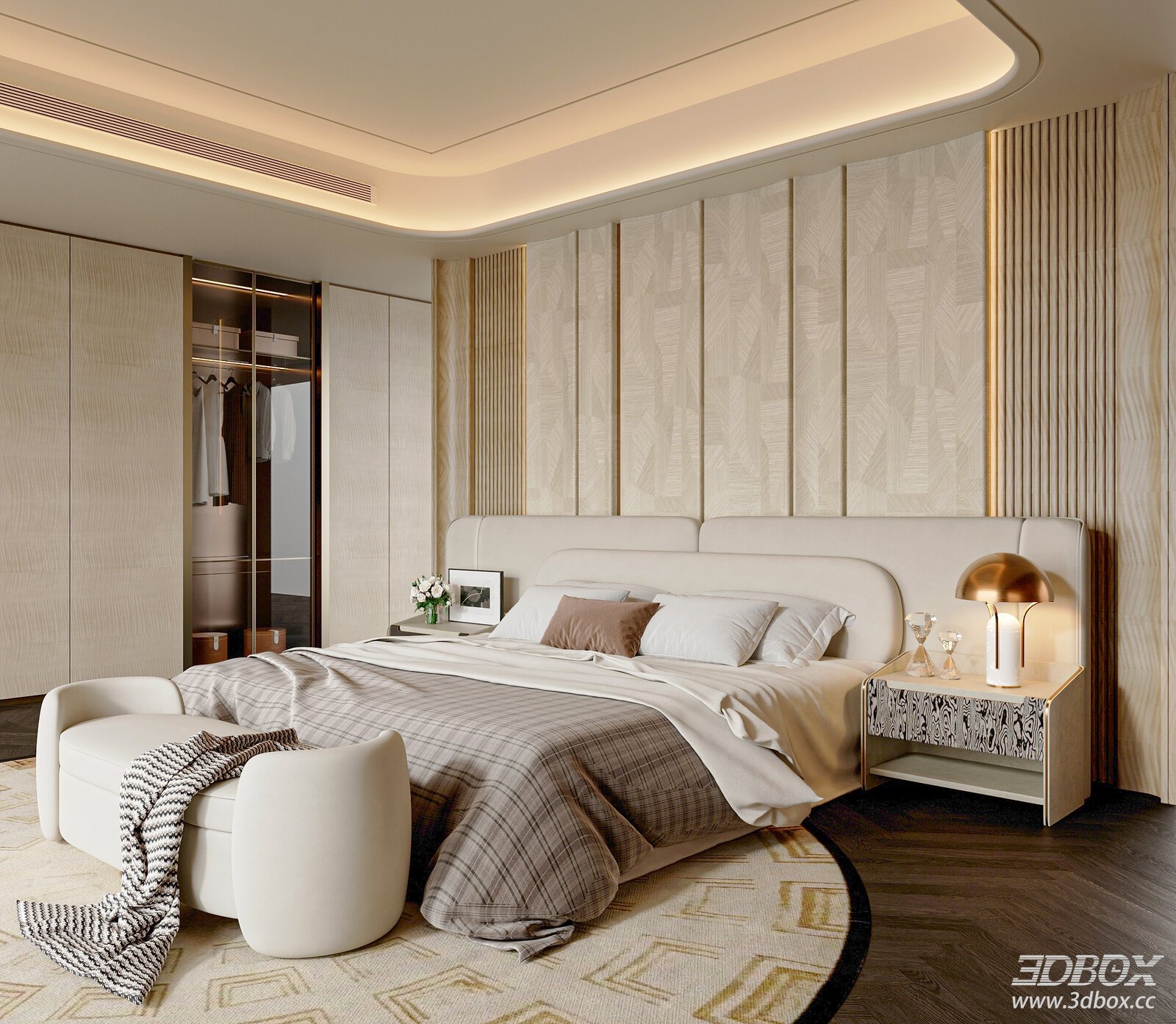 Modern Light Luxury Bedroom Double Bed Light Luxury Background Wall [ID_