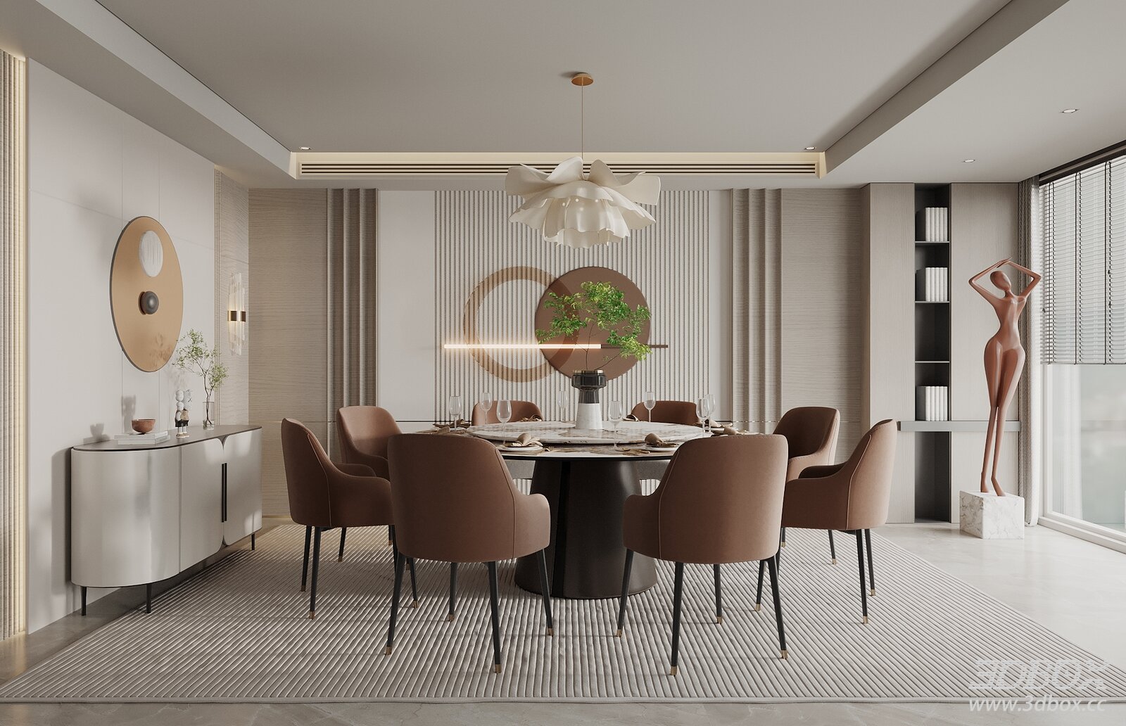 Modern Dining Room Dining Table Sideboard Background Wall Chandelier Hotel