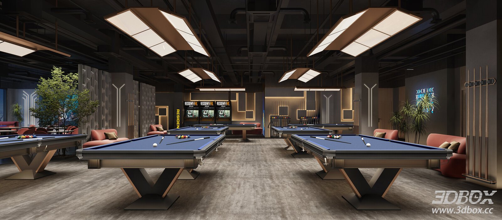 Entertainment Room with Pool Tables 3D Model
