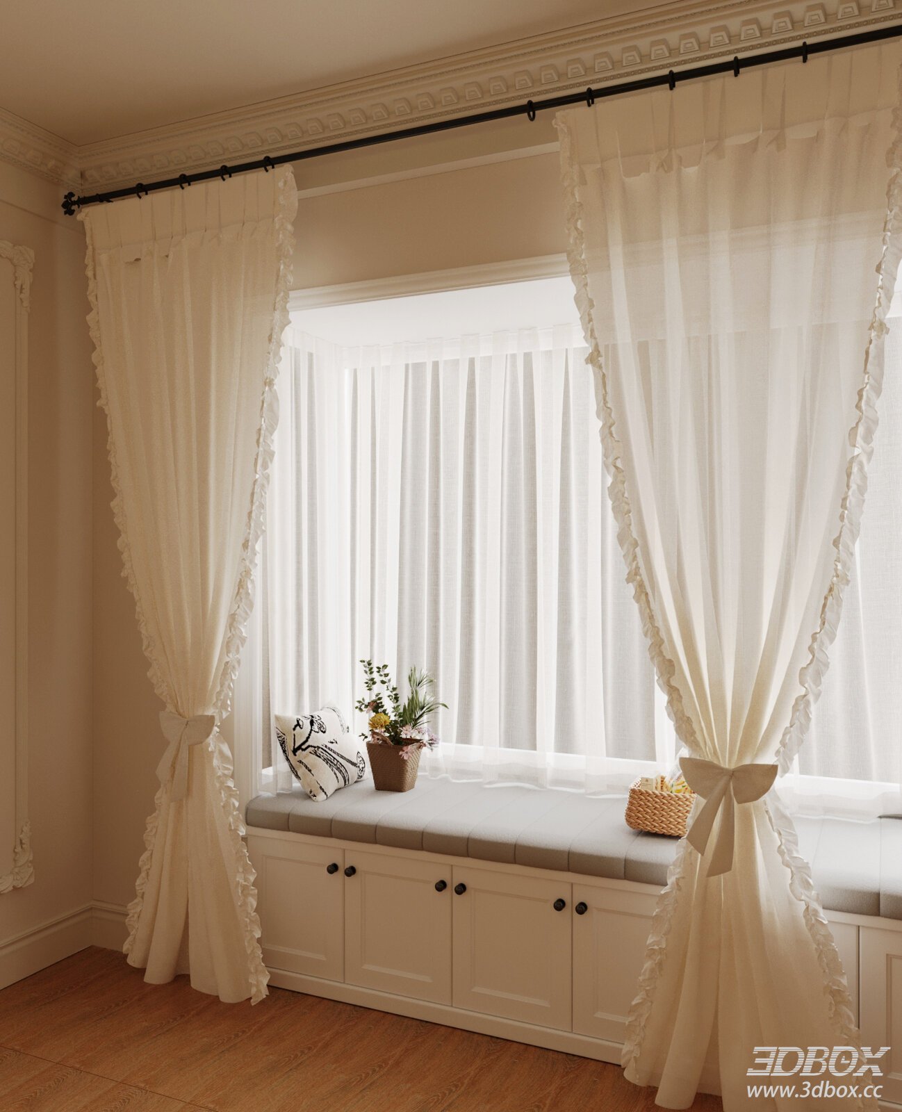 Living Room Bay - window with Curtains 3D Model