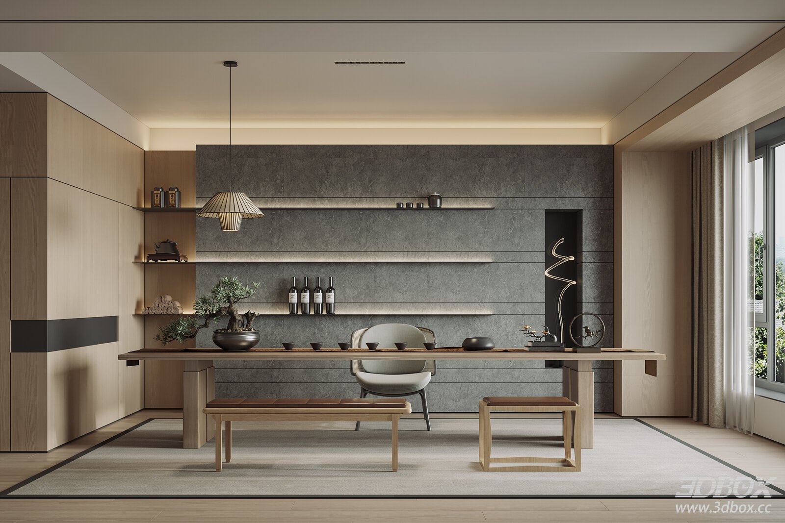 Modern Living Room with Table and Shelves