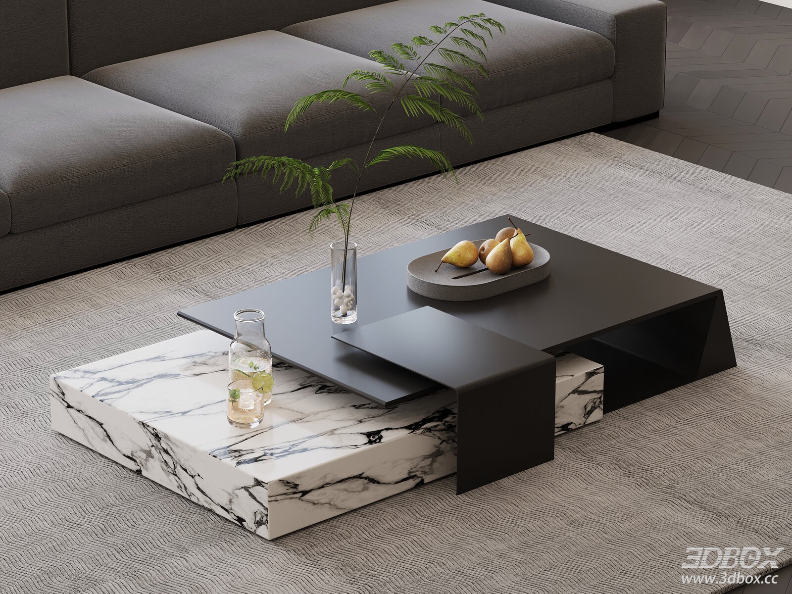 Modern Living Room Coffee Table with Sofa and Plant