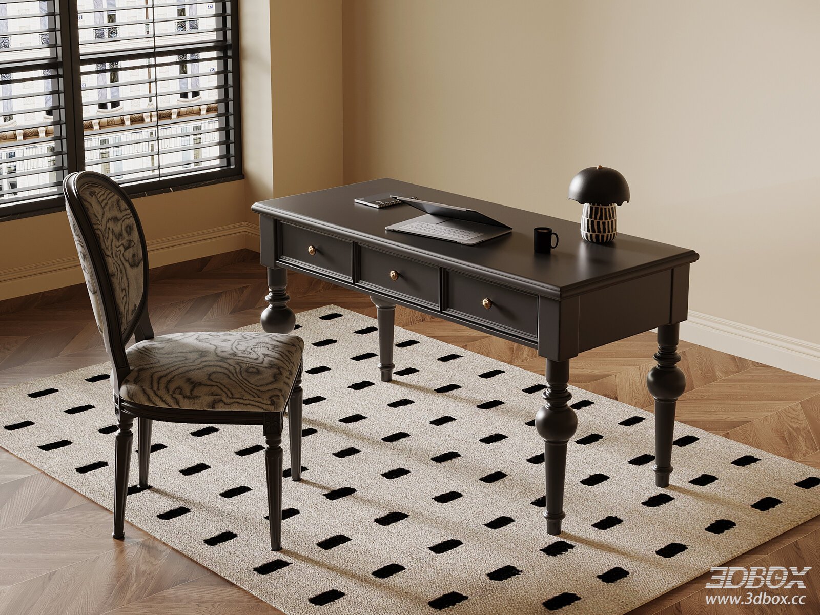 Classic Wooden Desk and Chair 3D Model