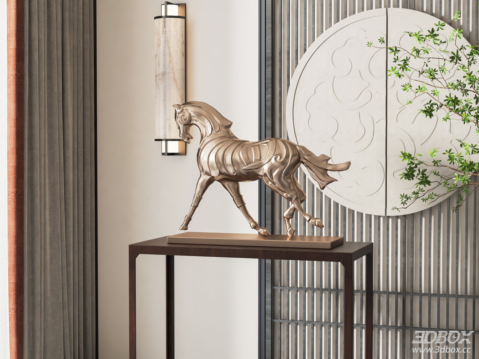 Modern Sculpture on Table with Curtain Background