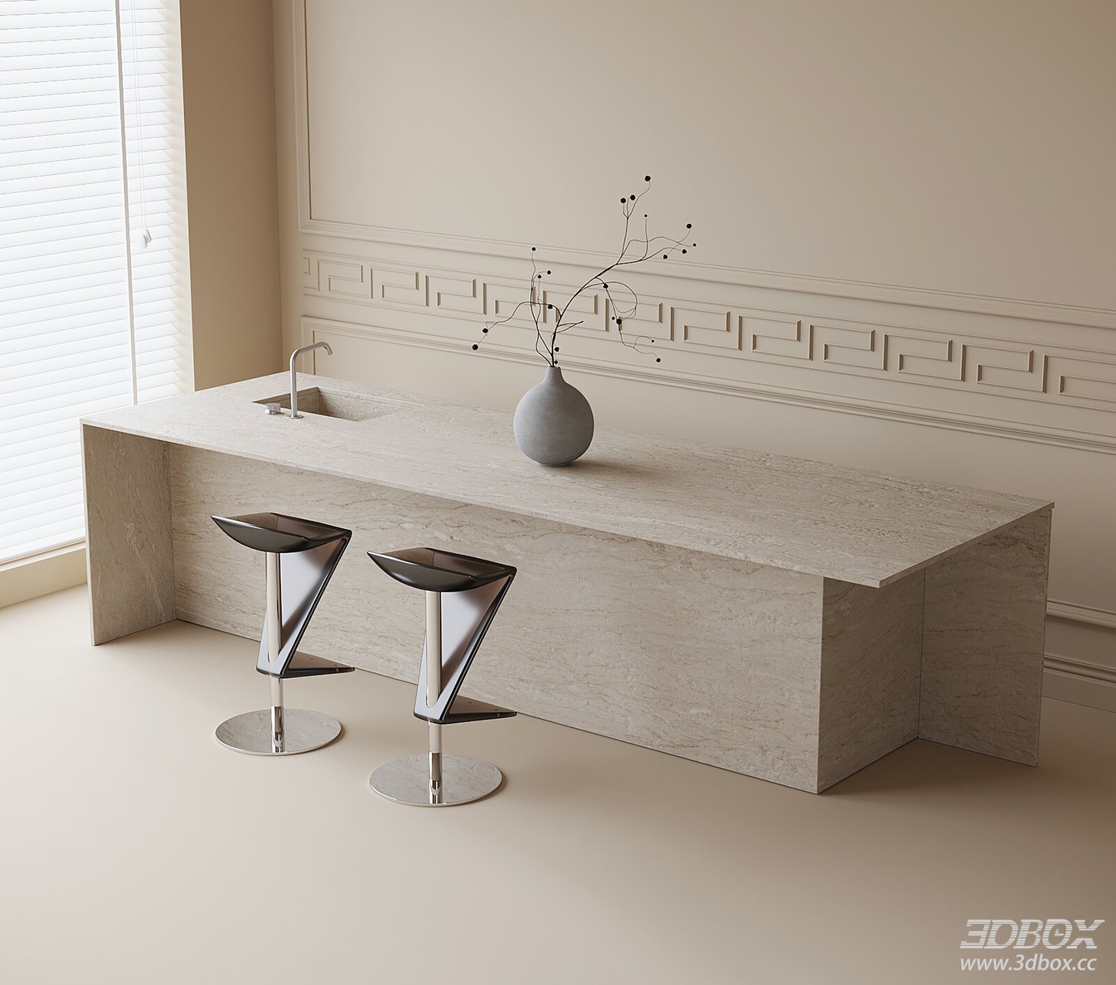 Modern Bar Counter with Stools and Decoration