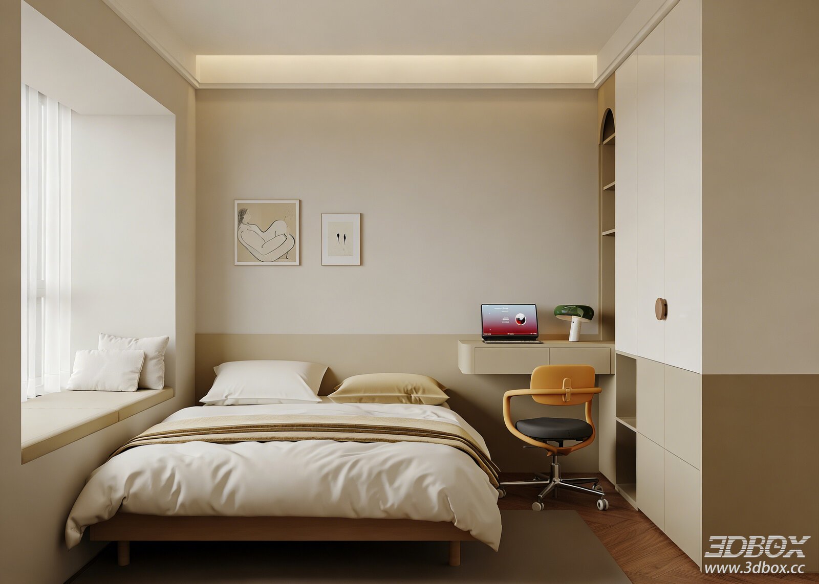 Modern Bedroom 3D Model with Bed and Chair