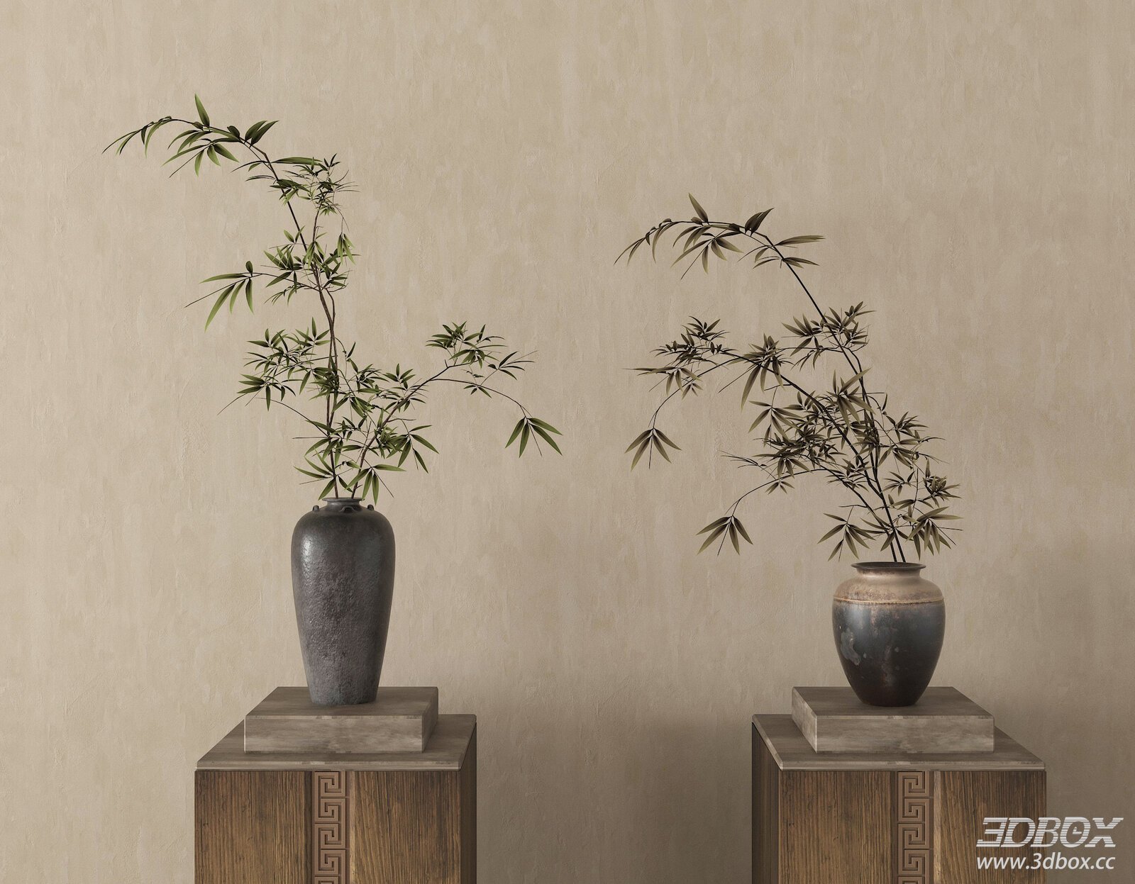 Two Vases with Bamboo Plants on Wooden Stands