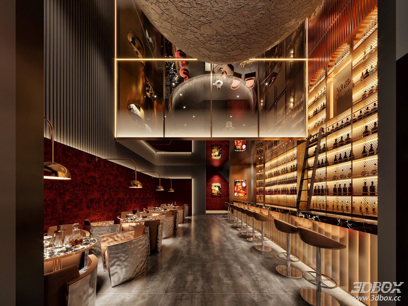 Modern Restaurant Interior with Wine Cabinet