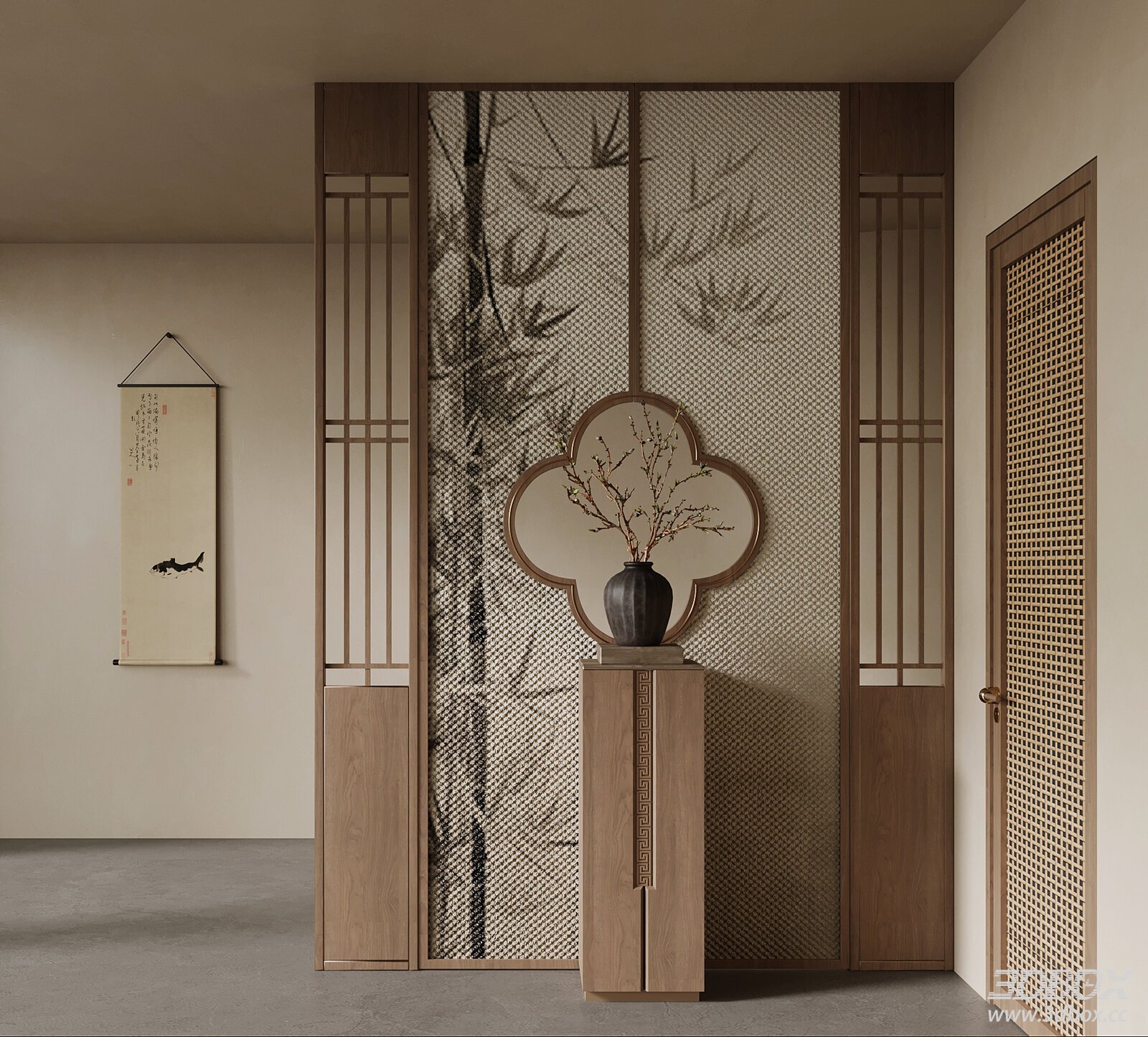 Modern Cabinet with Vase and Plant in Interior