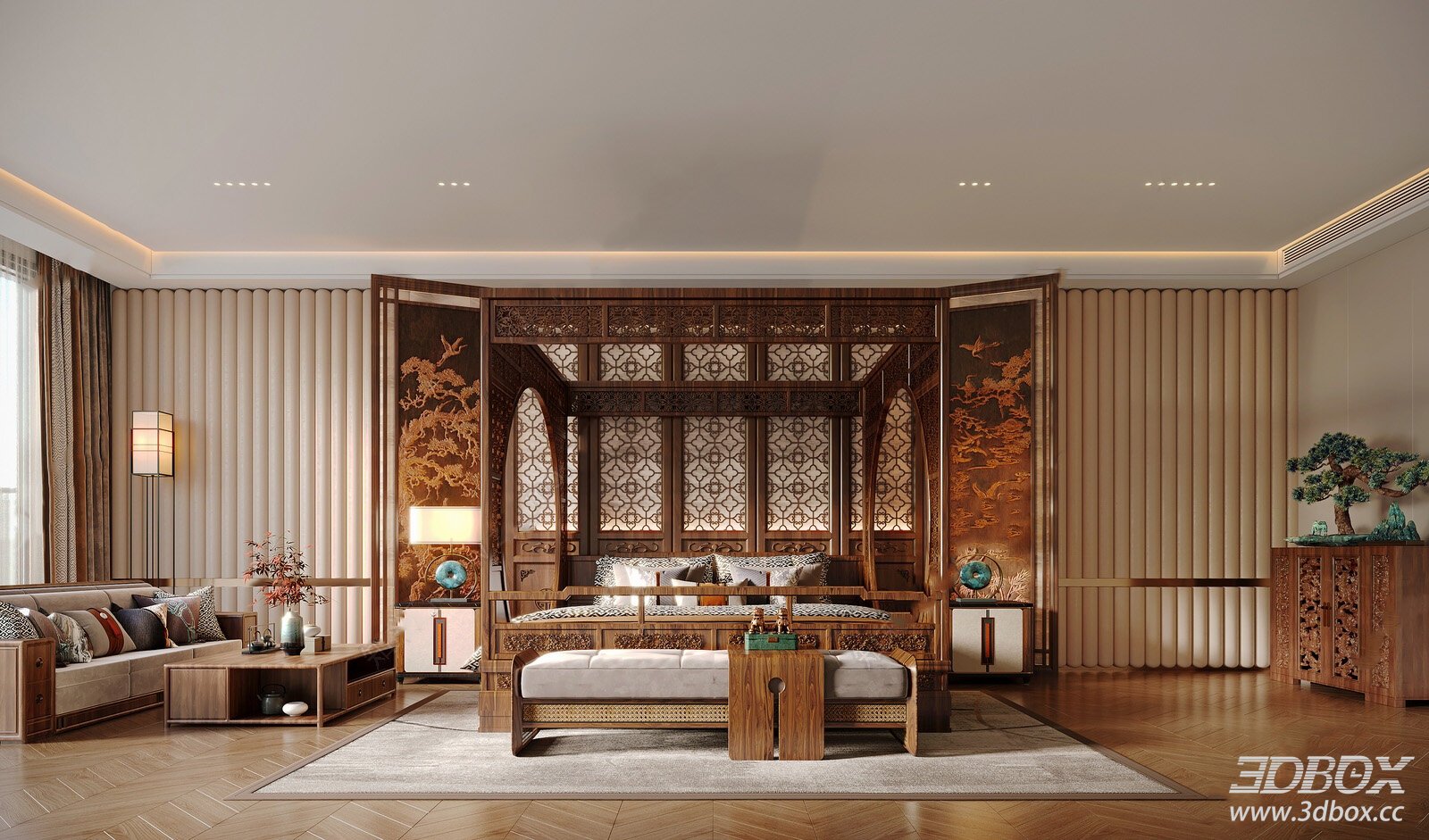 Modern Bedroom with Wooden Furniture and Decor