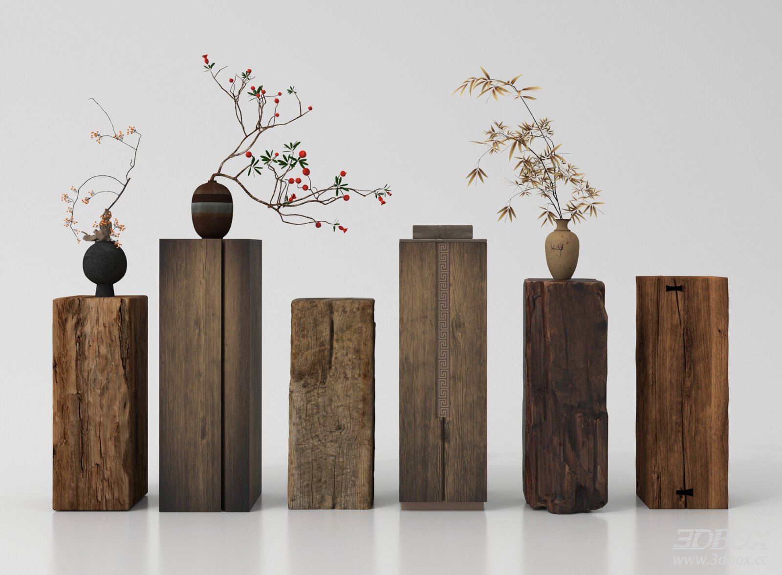 Wooden Stumps with Vases and Plants