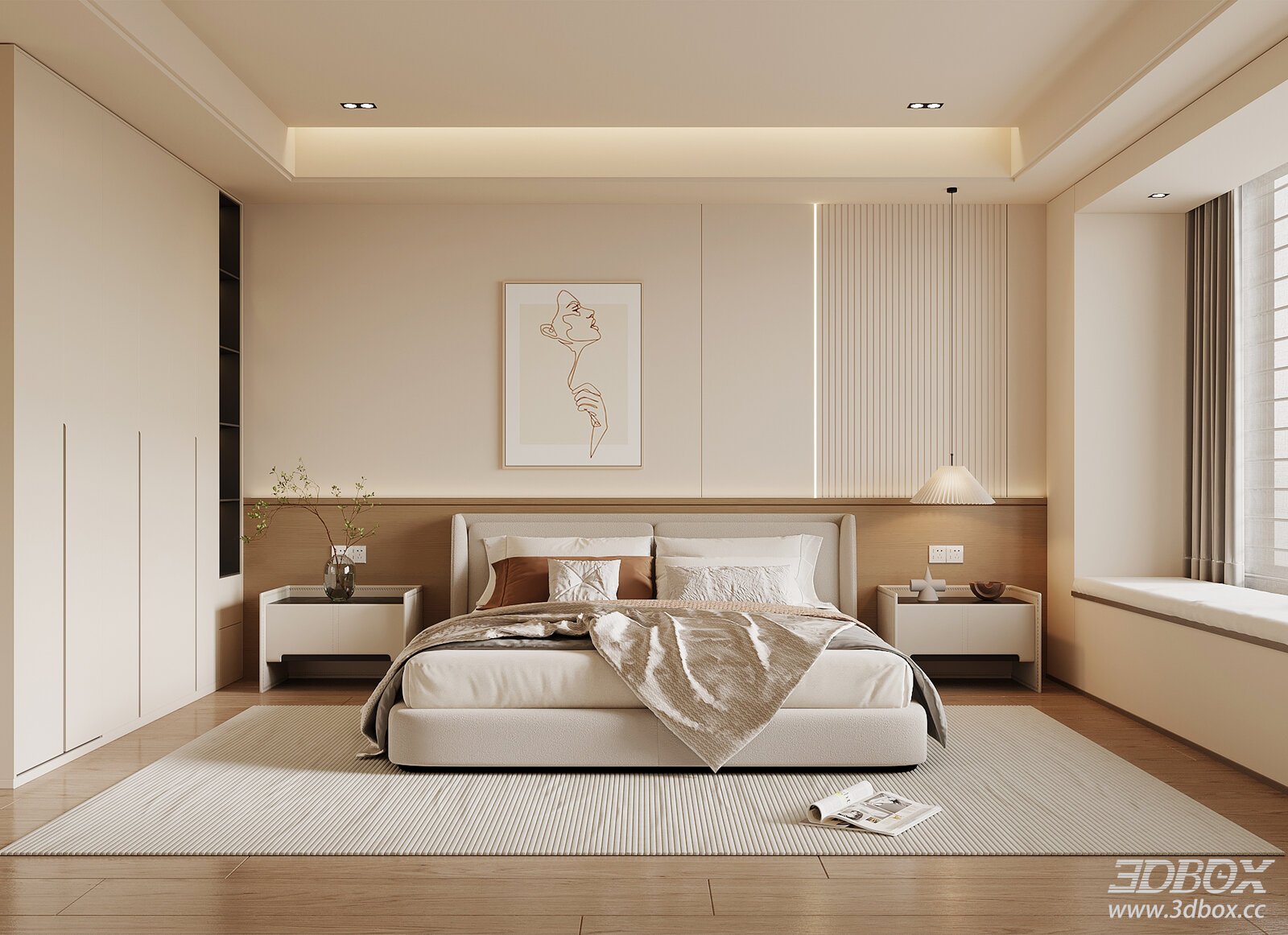 Modern Bedroom Interior with Bed and Cabinets