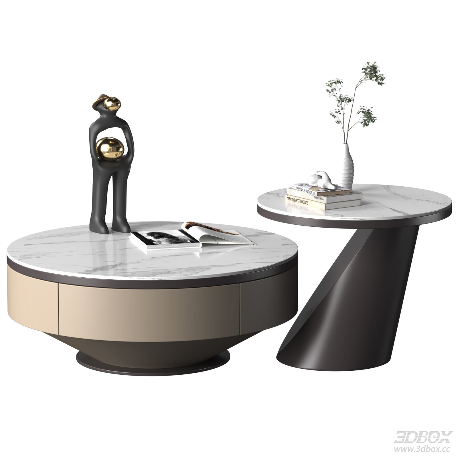 Modern Marble Coffee Table with Sculpture and Plant
