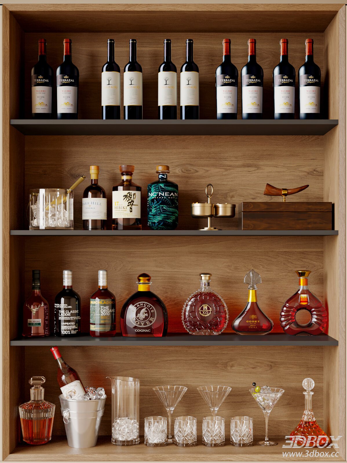 Modern Wine Cabinet with Bottles and Glasses