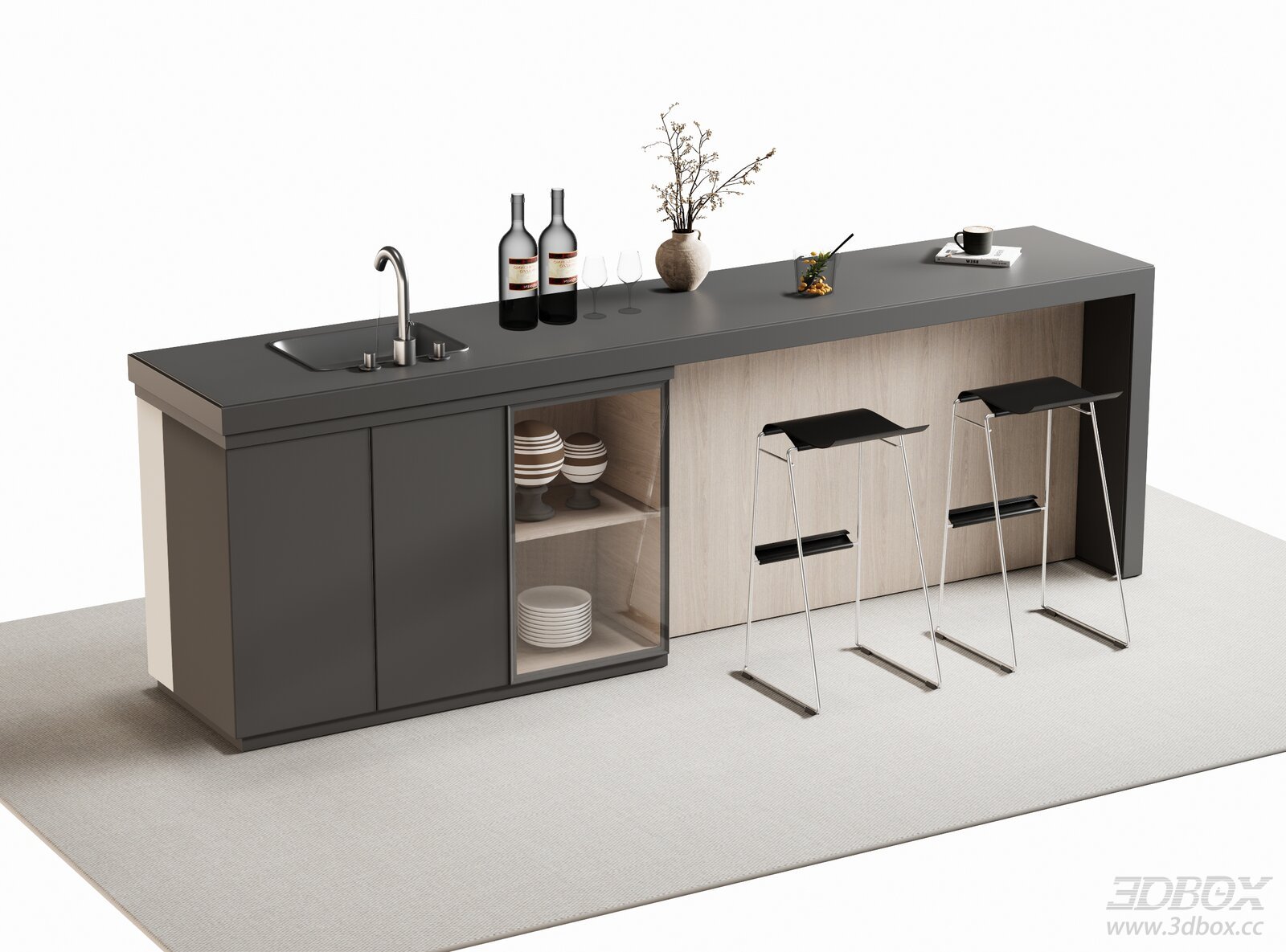 Modern Bar Counter with Stools and Cabinet