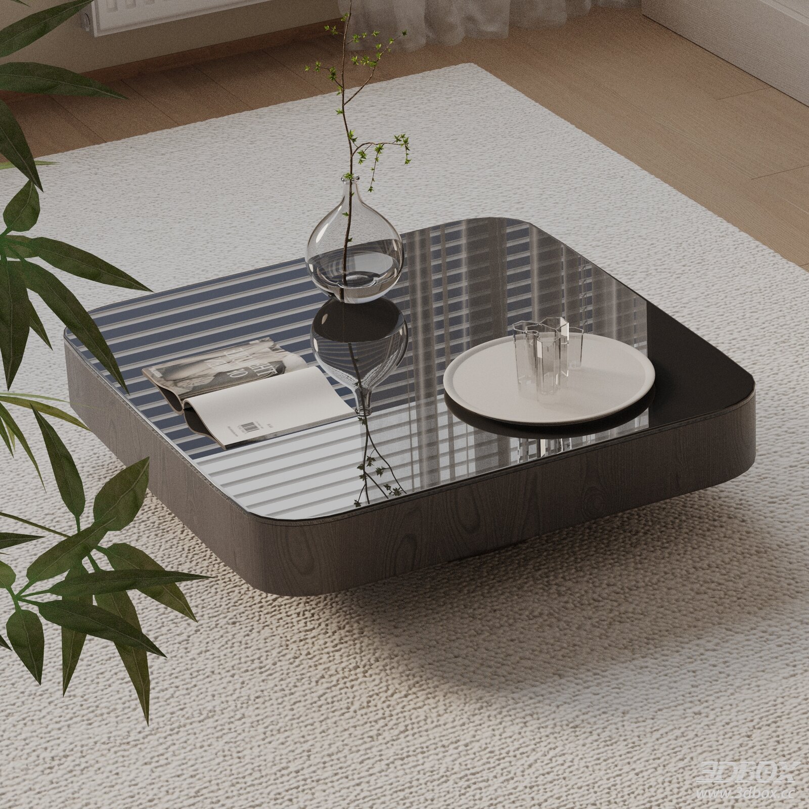 Modern Glass Coffee Table with Vase and Plant