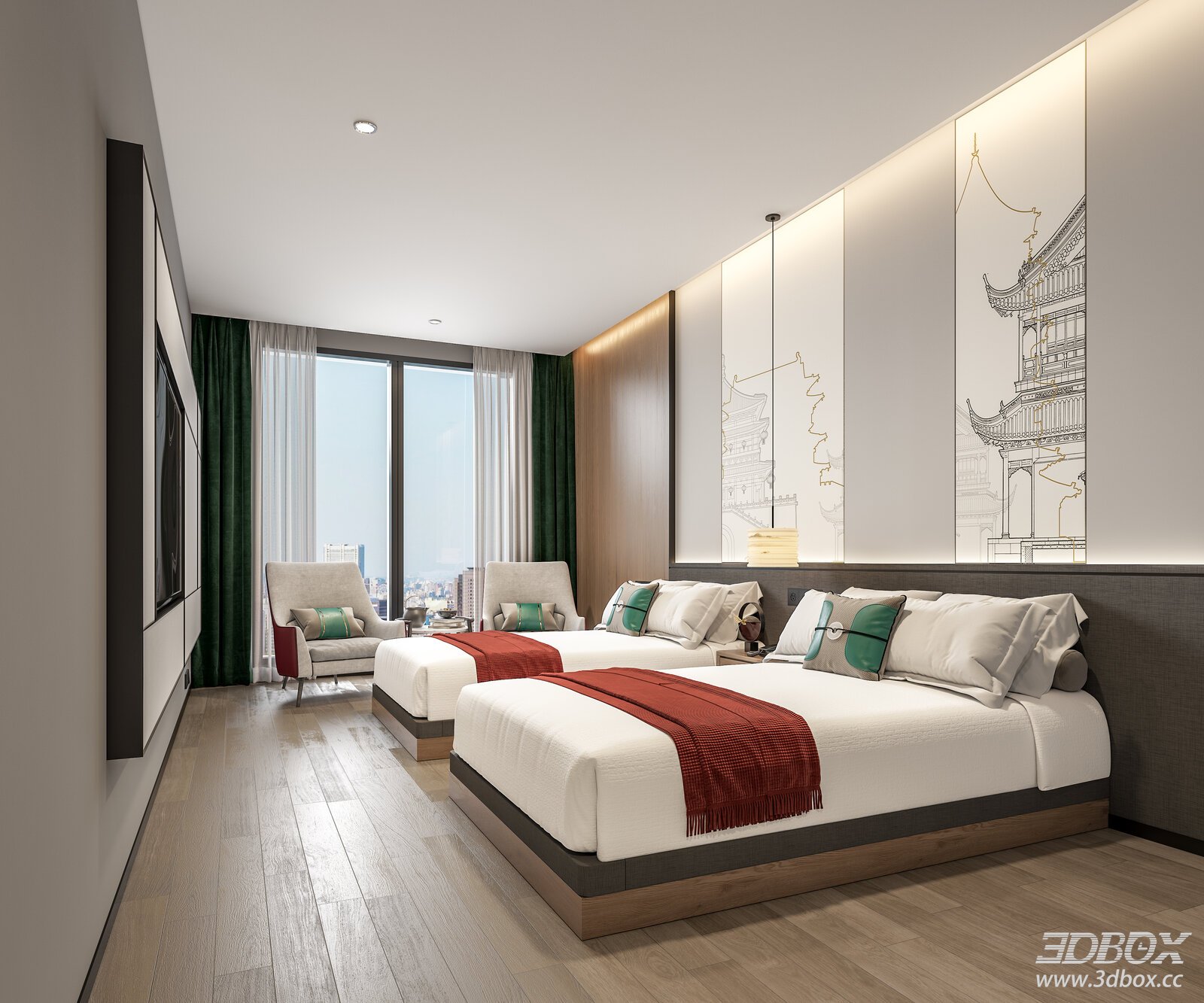 Modern Bedroom Interior with Beds and Sofas