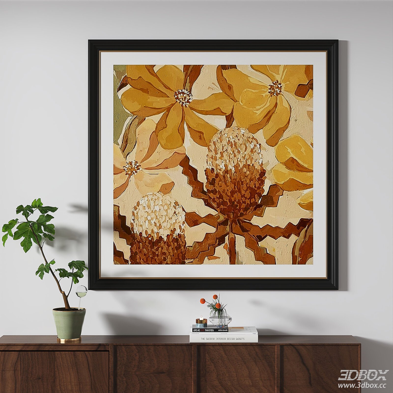 Modern Framed Painting with Cabinet and Plant