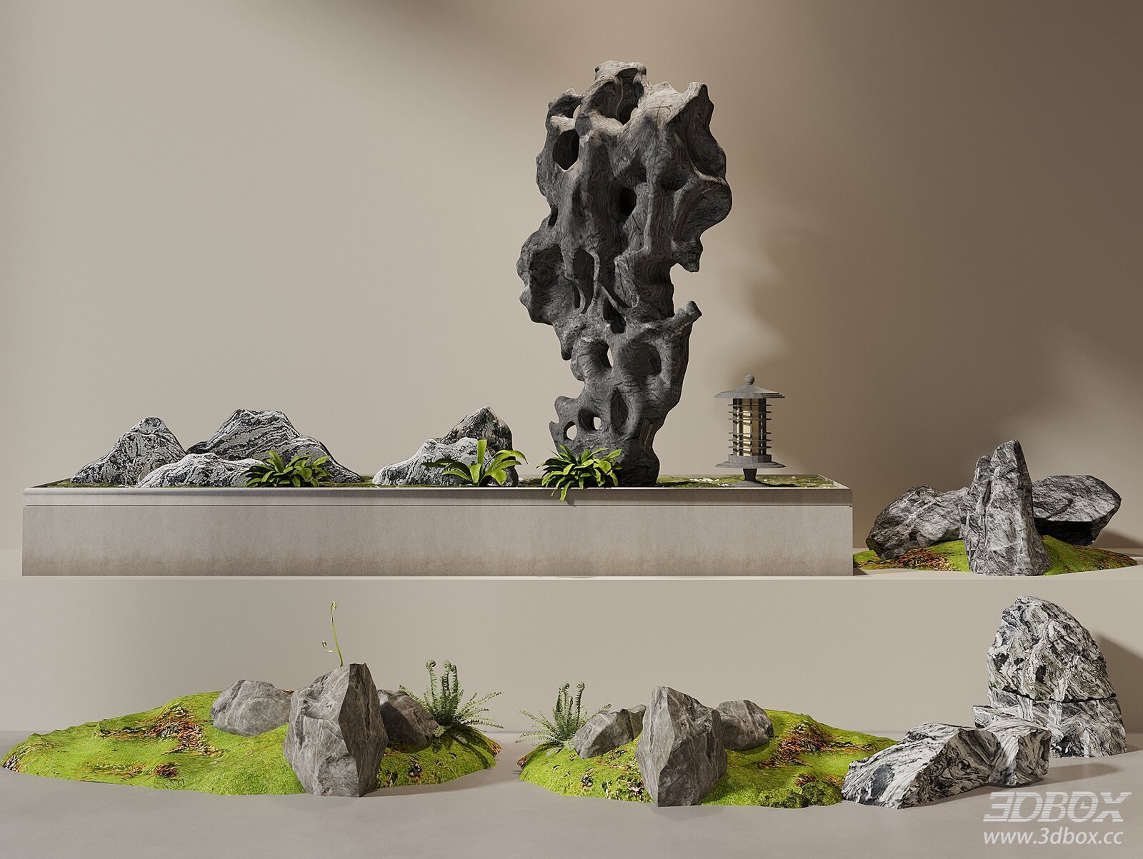 Modern Sculpture with Rock and Plant Decor