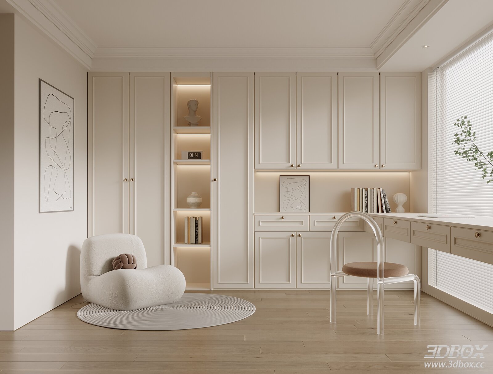 Modern Bedroom with Sofa, Chair and Cabinet