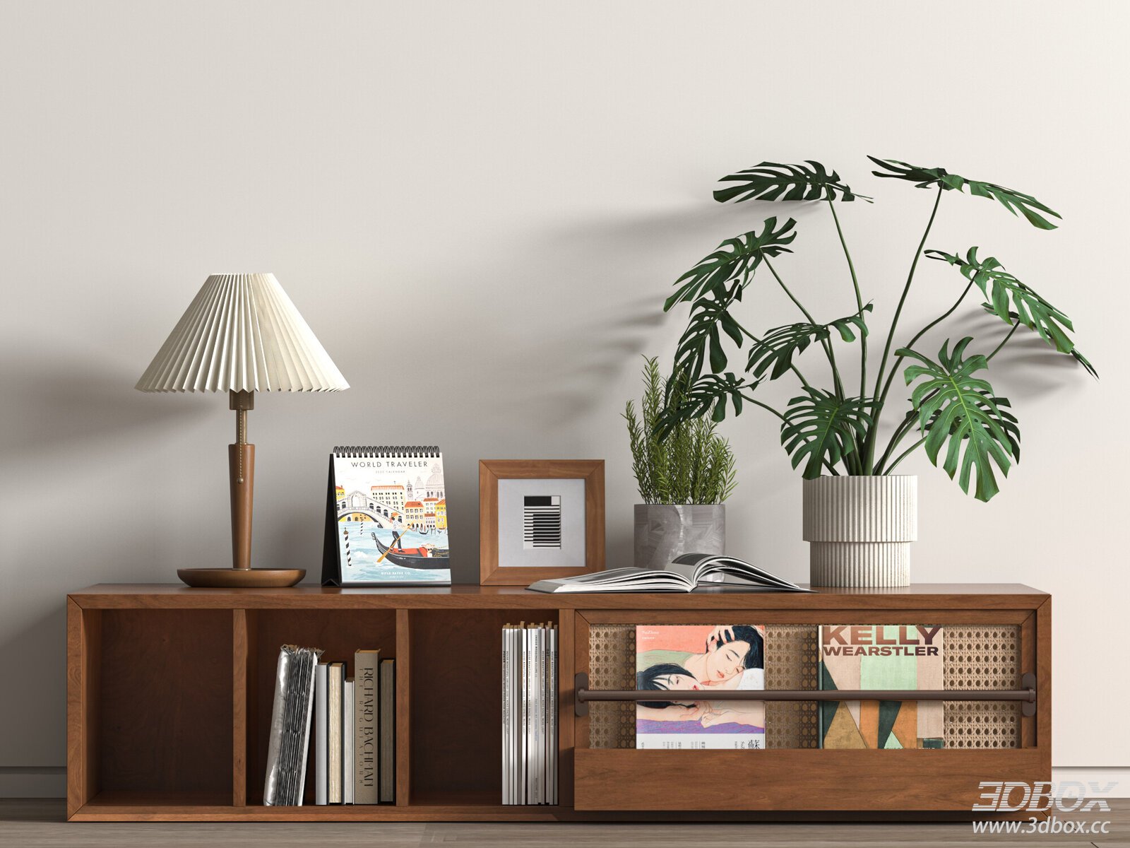 Wooden Sideboard with Lamp and Plants