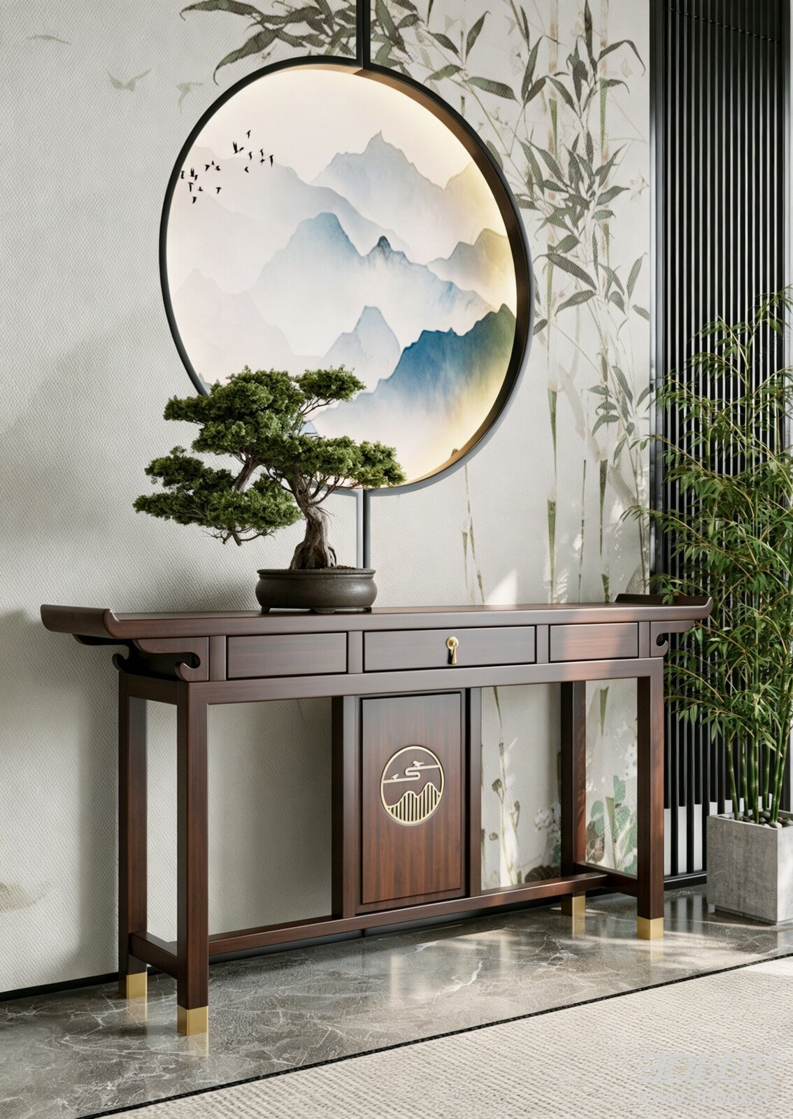 Modern Wooden Sideboard with Decorative Mirror and Plant