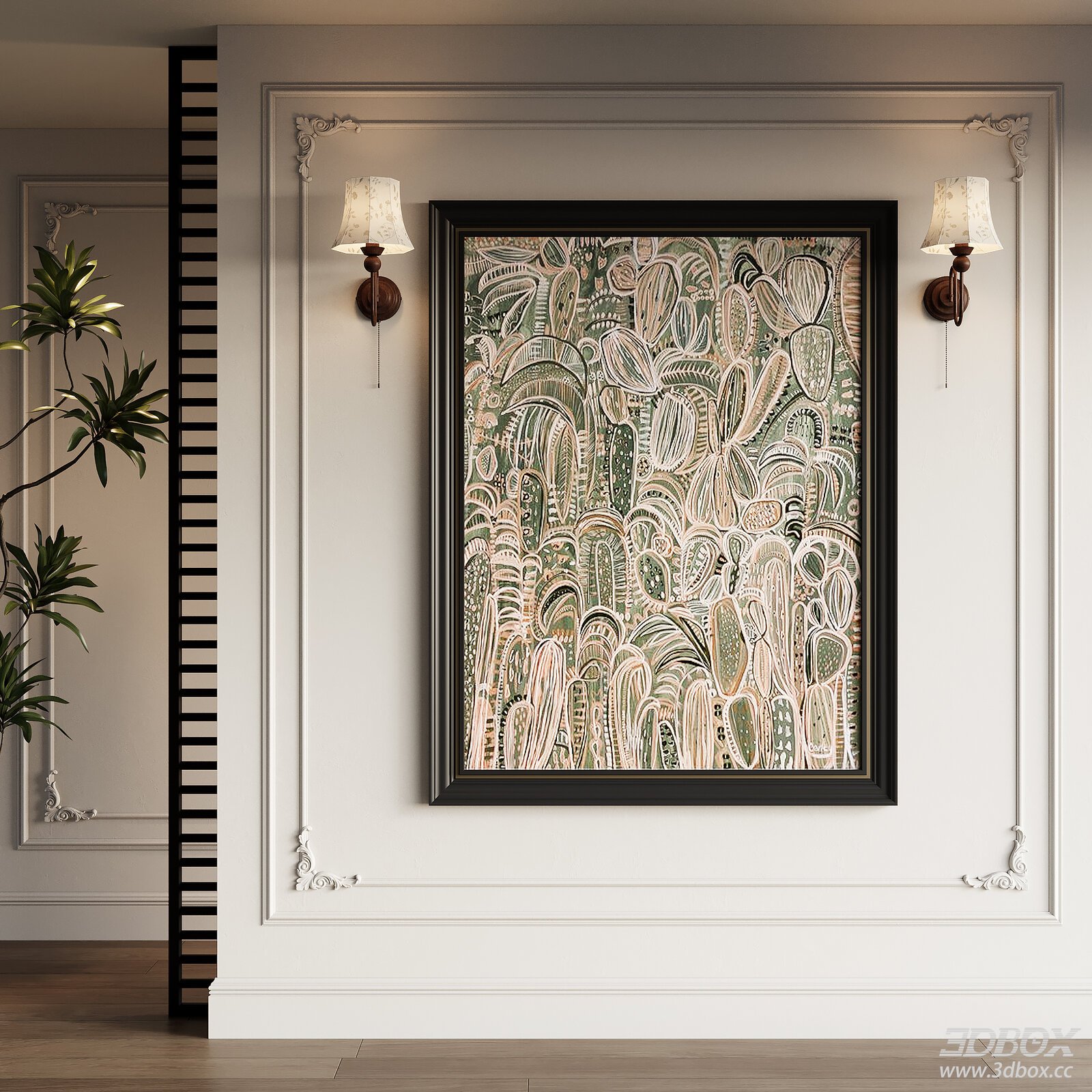 Modern Living Room Wall Painting with Lamps and Plant