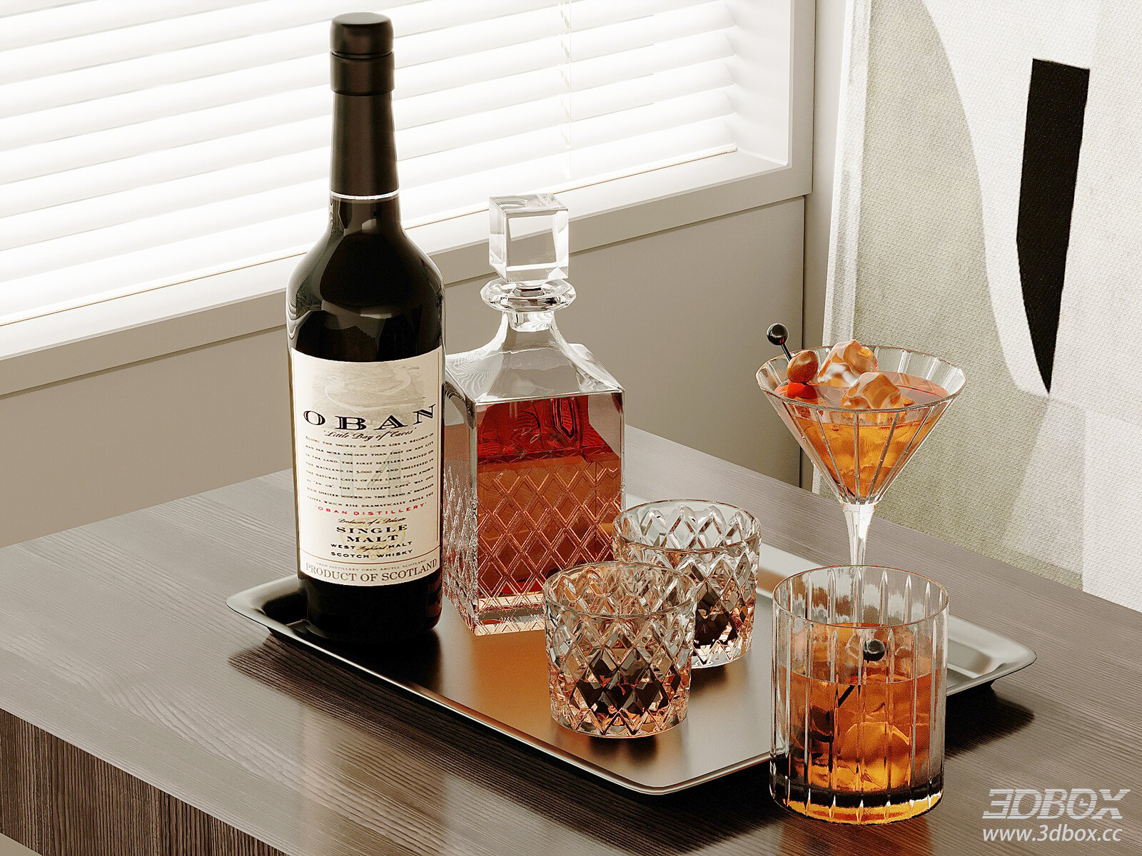 Decorative Objects on Table with Bottles and Glasses