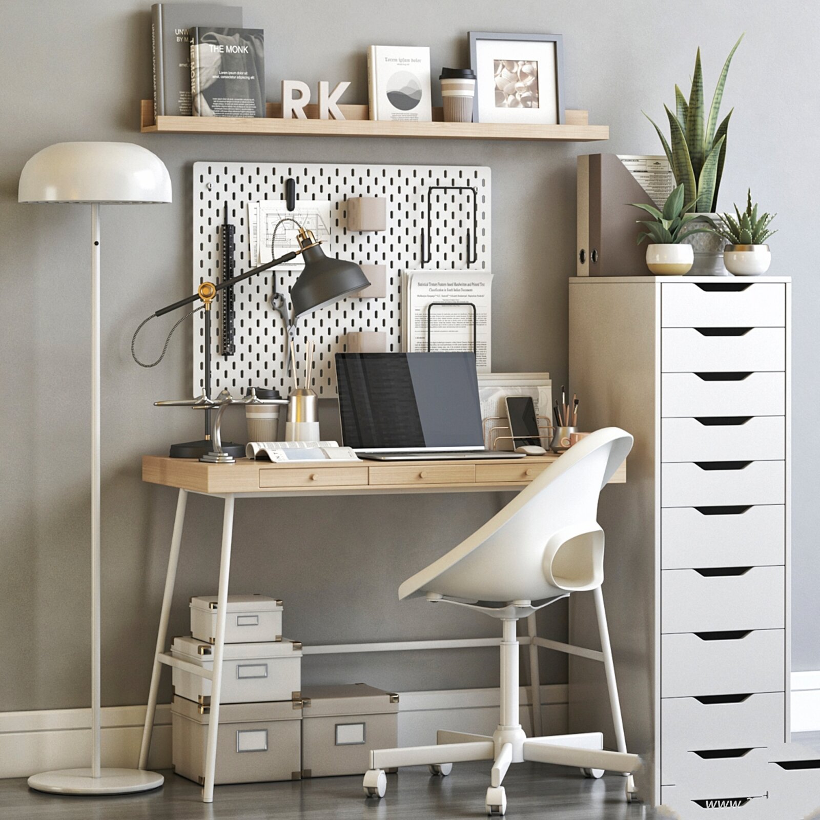 Modern Office Desk and Chair Setup with Cabinet