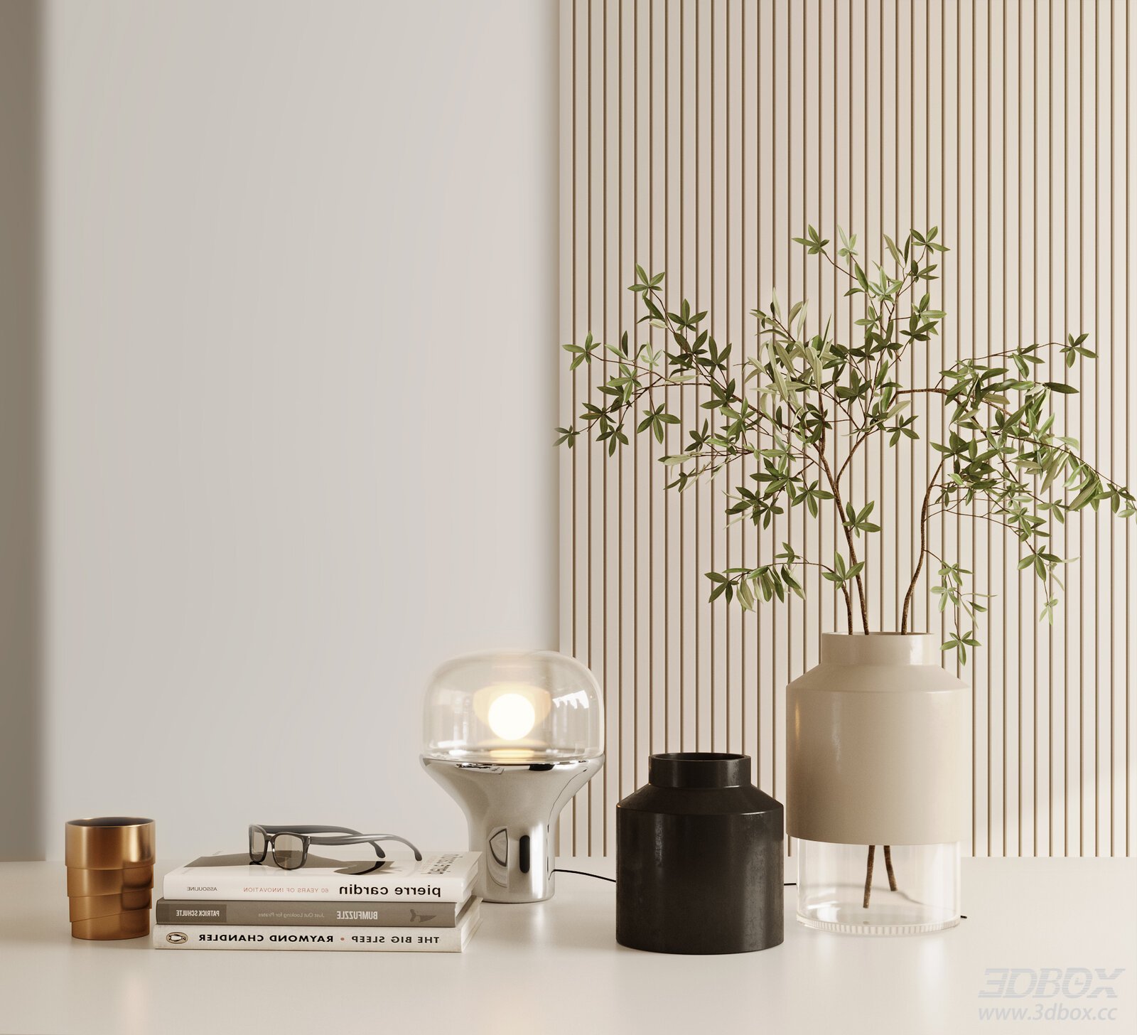 Modern Decorative Objects on Table with Plant and Lamp
